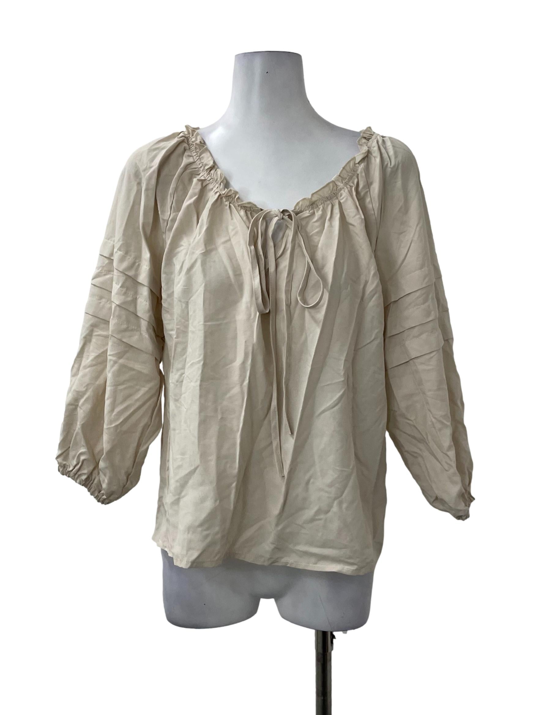 Beige Ruched Puff Sleeve Top