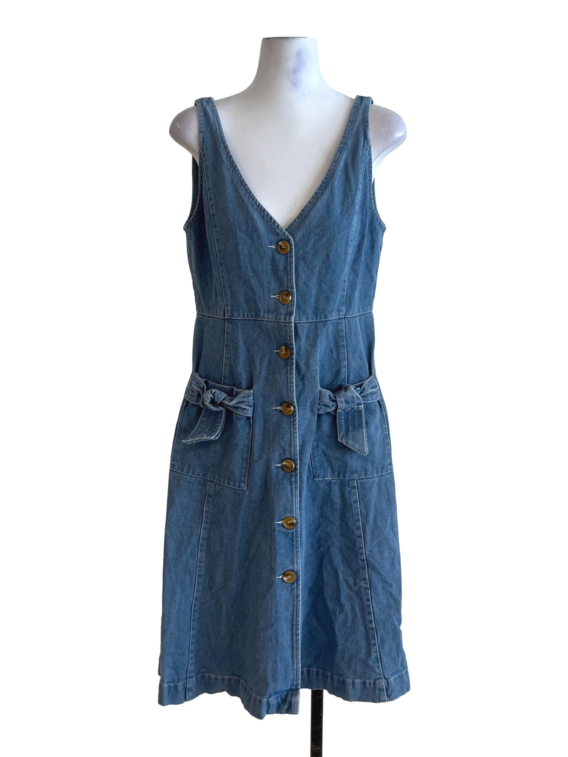 Sky Blue Denim V-Neckline A-Line Dress