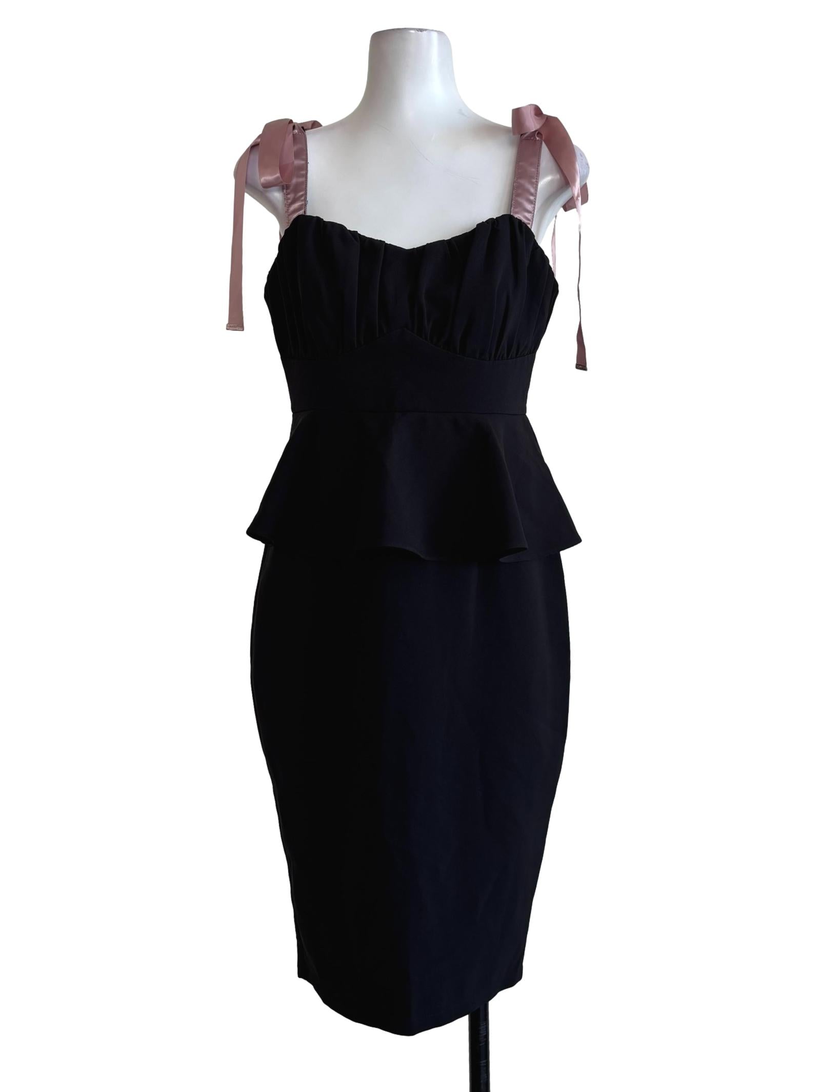 Soft Black Pink Ribbon Strap Pencil Dress