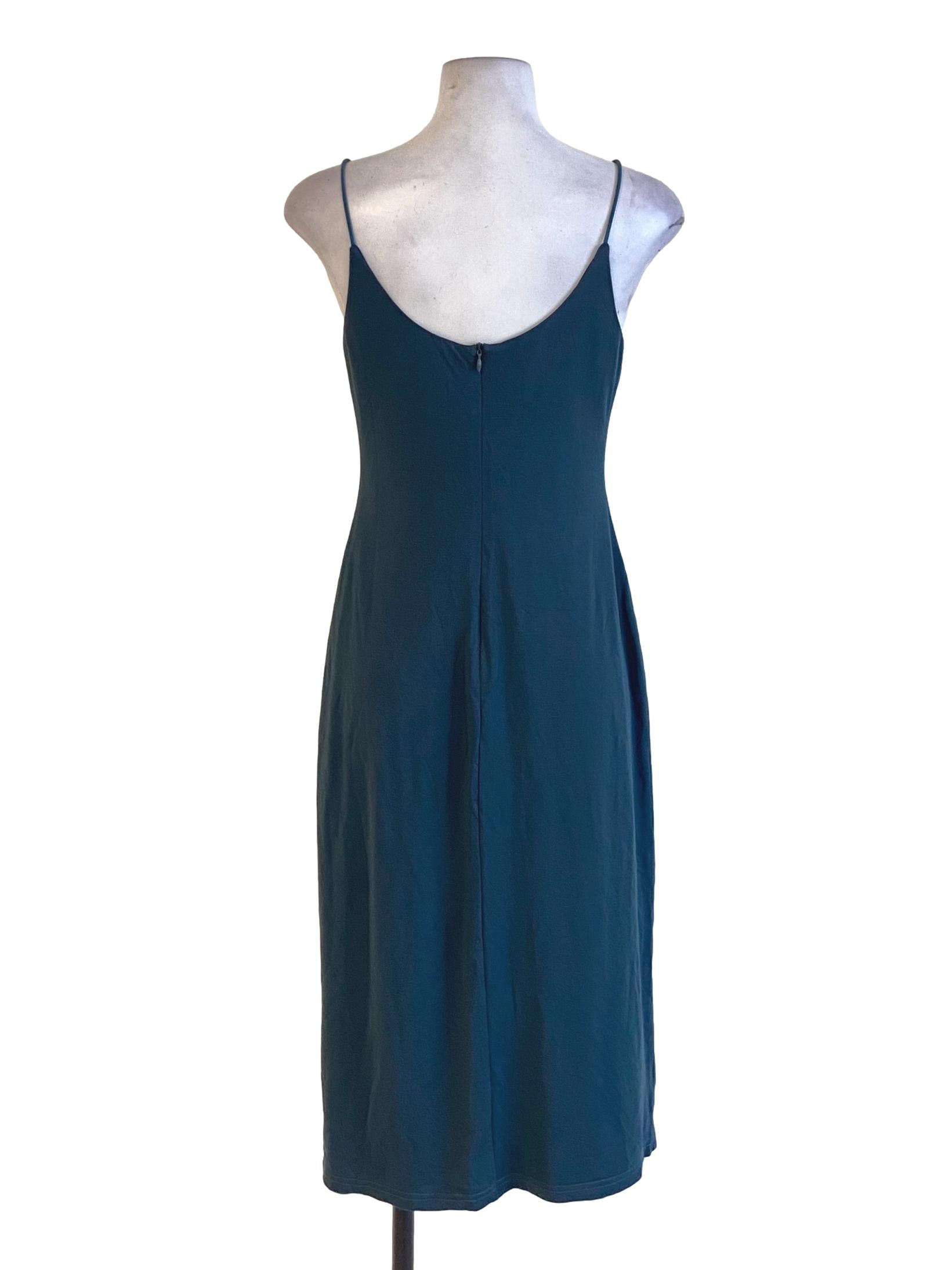 Dark Ocean Blue Scoop Neck Spaghetti Strap Slit Bodycon Dress