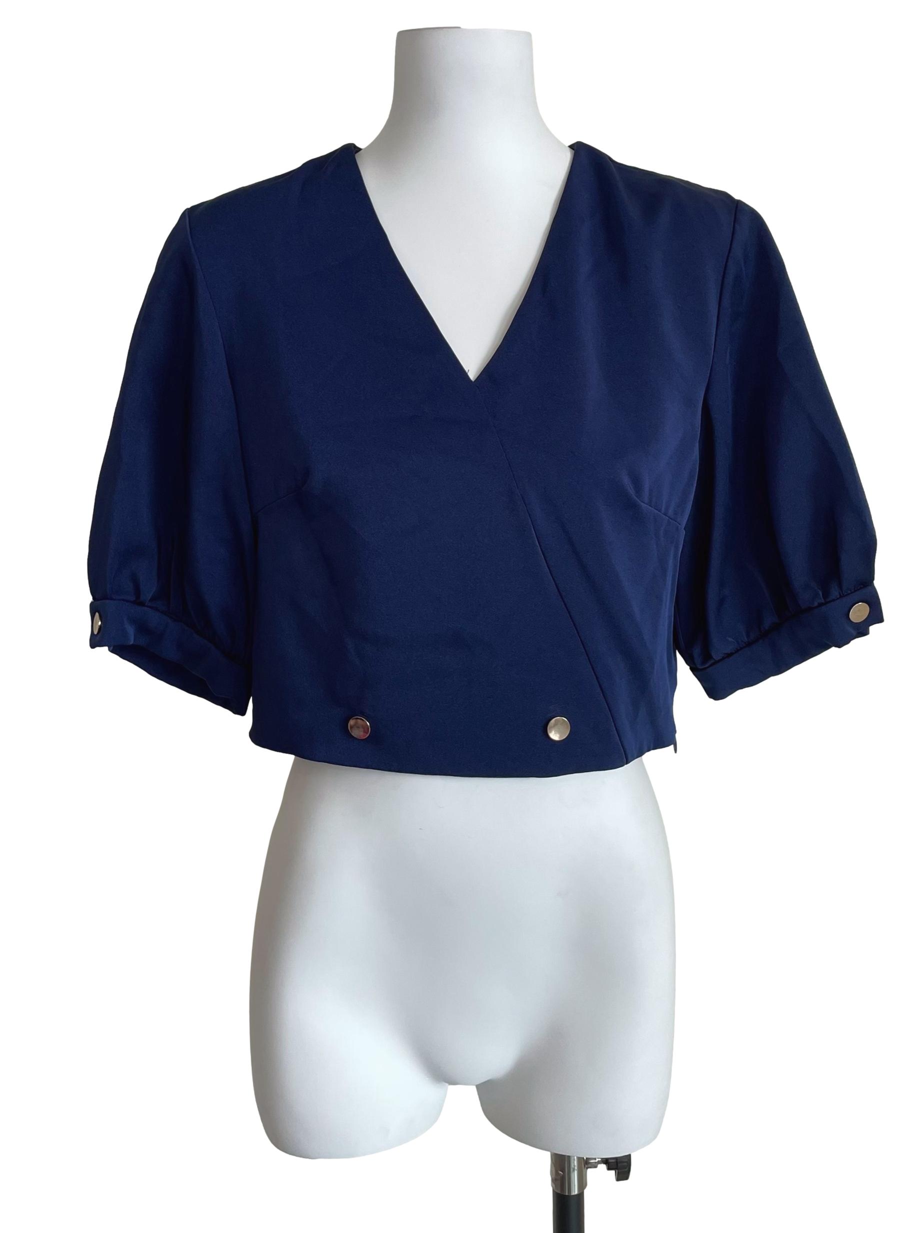 Navy Puff Sleeves Crop Top