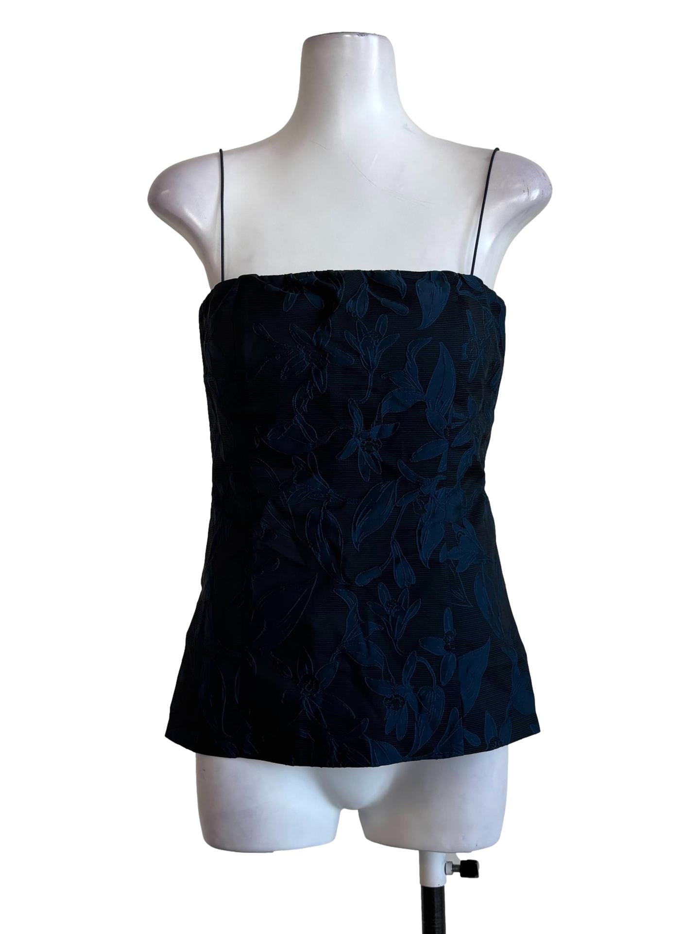 Midnight Blue Spaghetti Strap Embroidered Floral Top