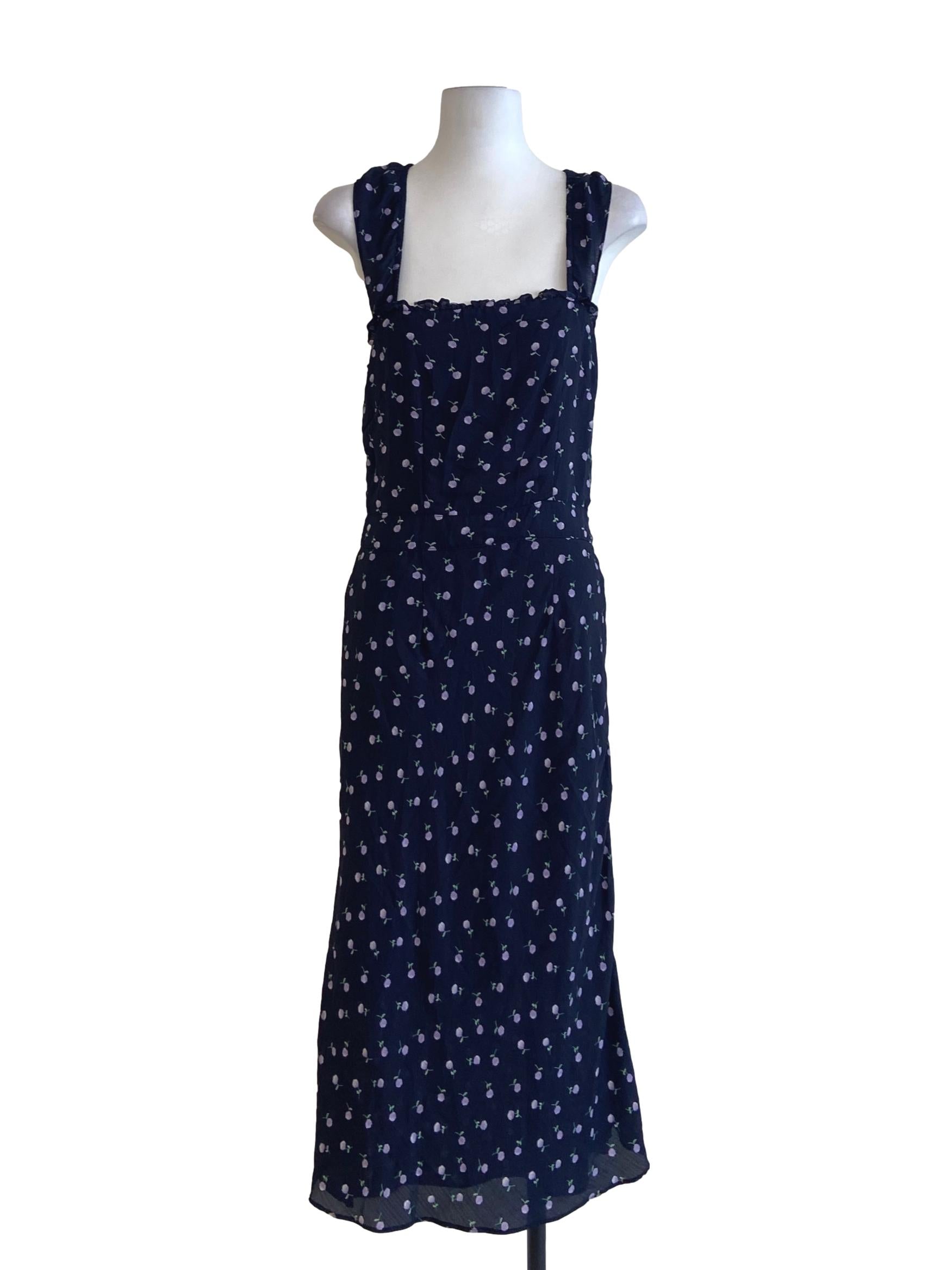 Navy Blue Floral Sleeveless A-Line Dress