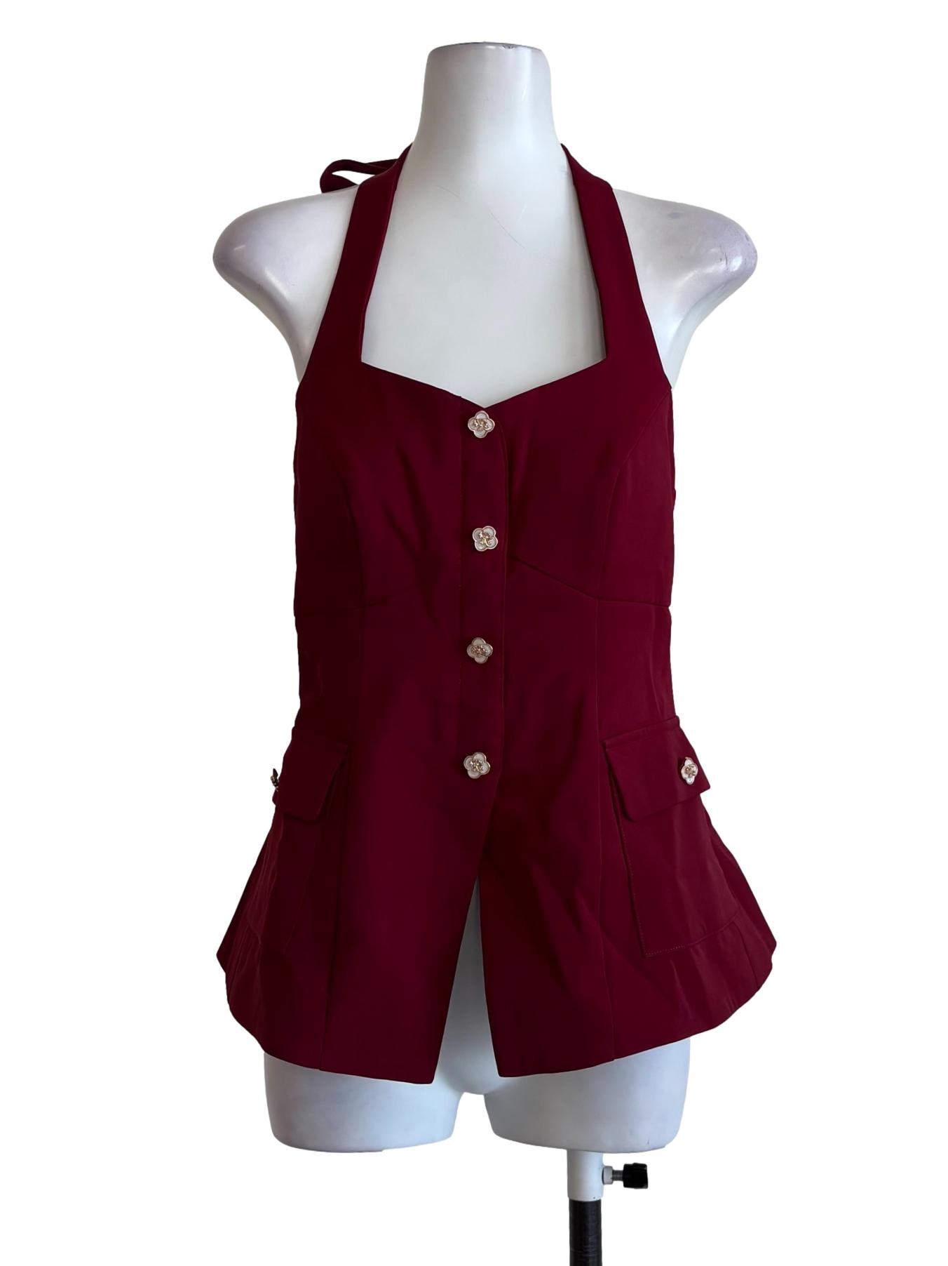 Maroon Flower Button Halter Top