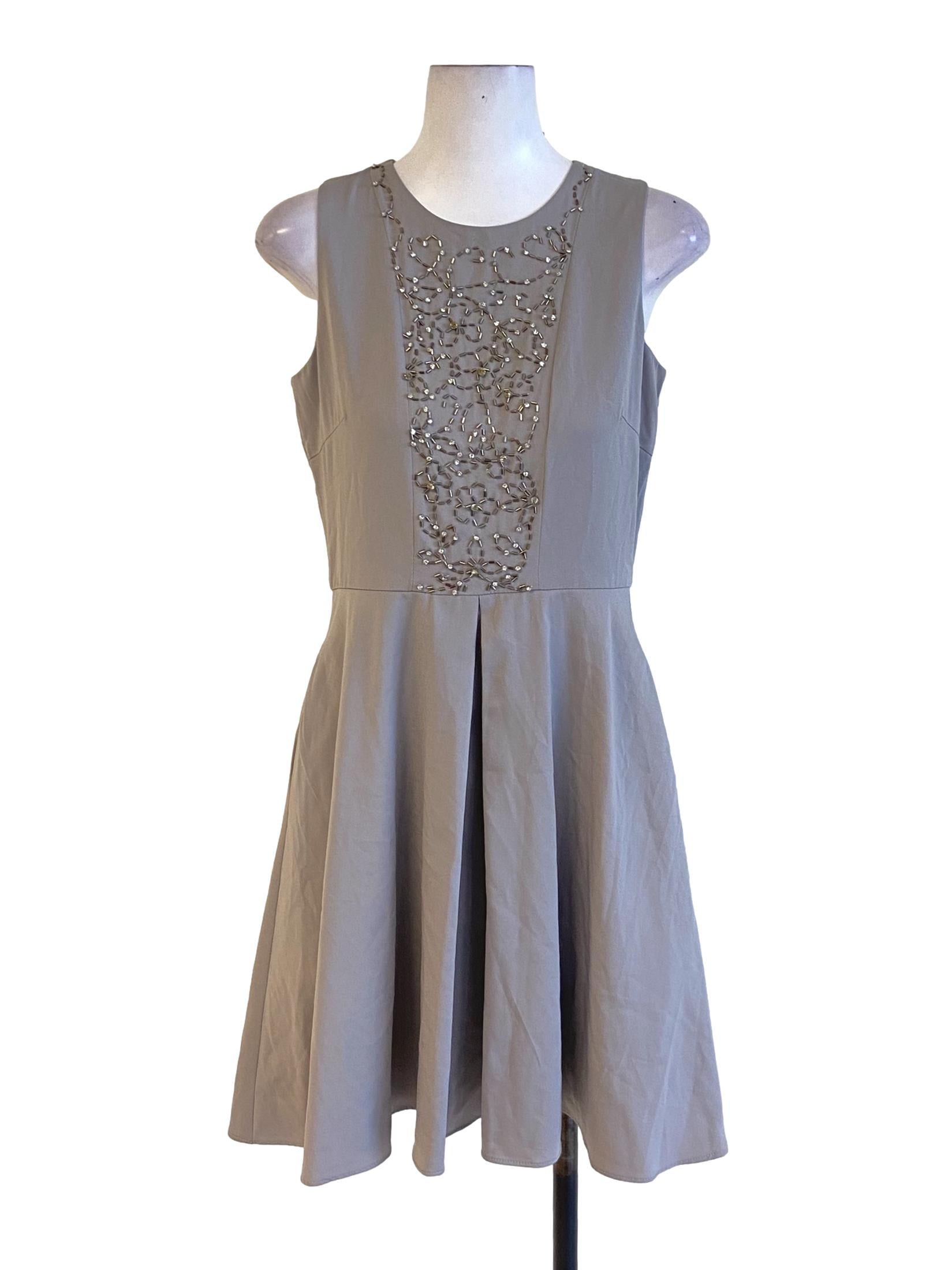 Ash Grey Beaded Round Neck Sleeveless A-Line Dress
