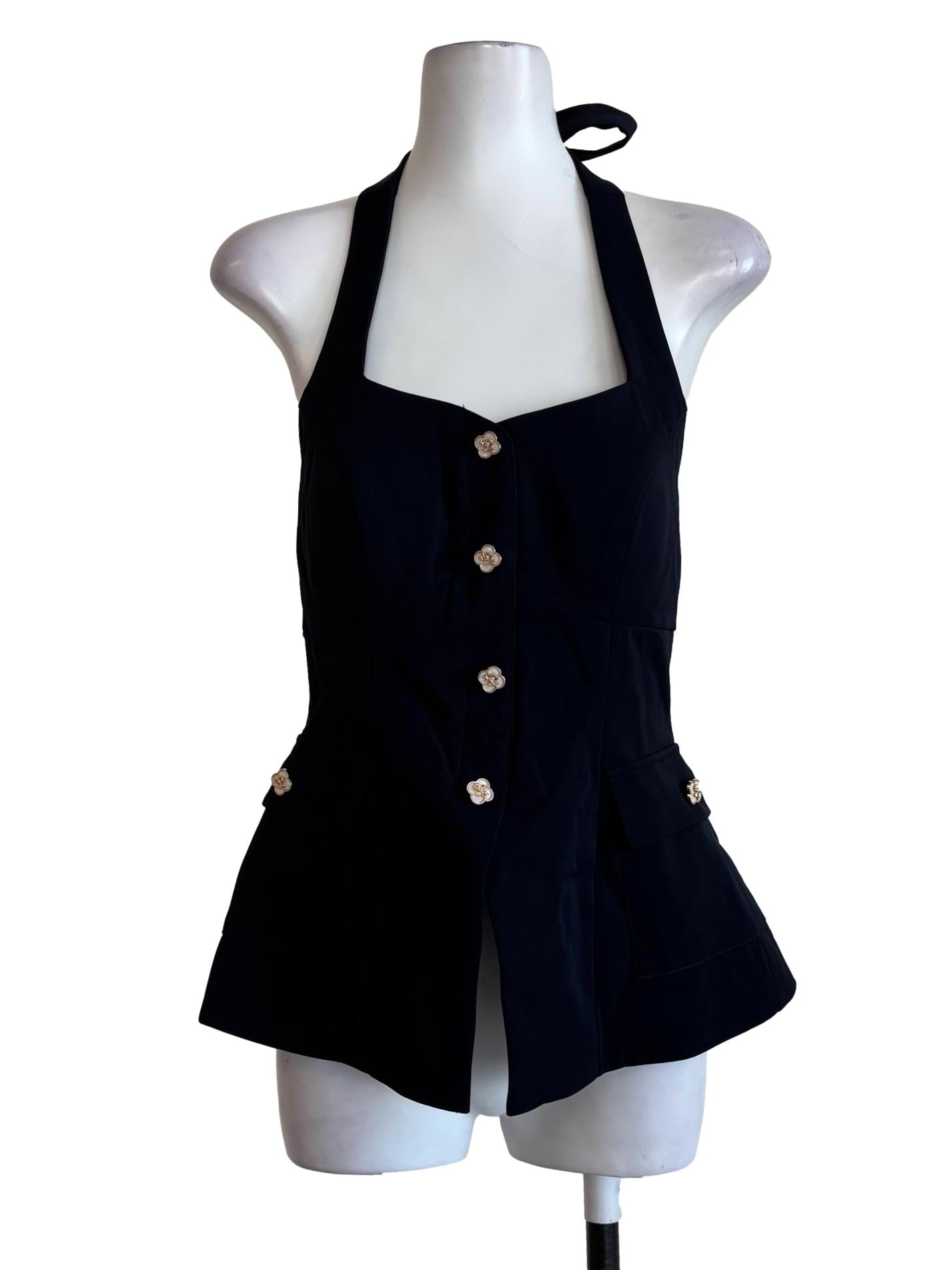 Midnight Blue Flower Button Halter Top