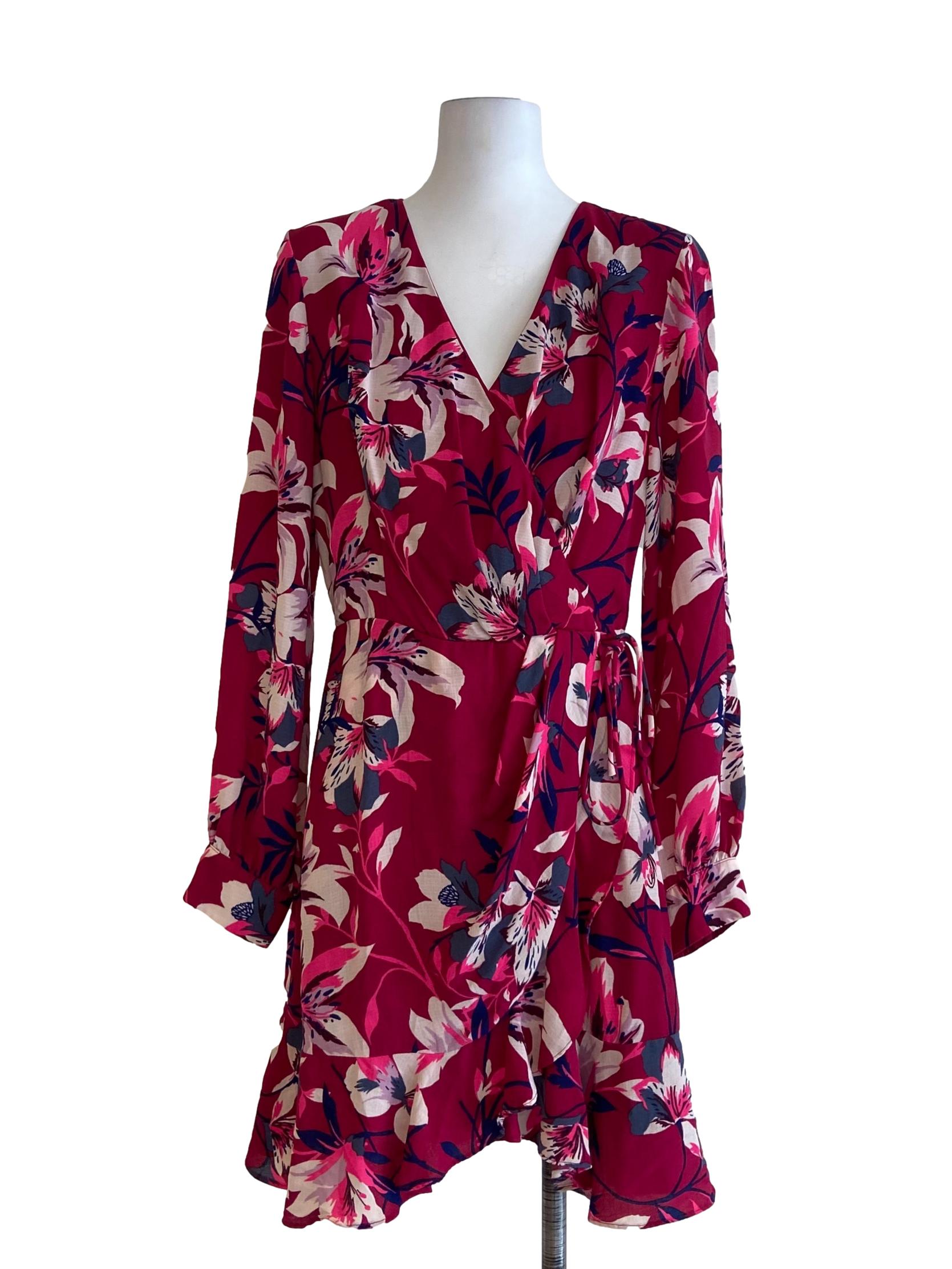 Magenta V-Neck Floral Wrap Mini Dress