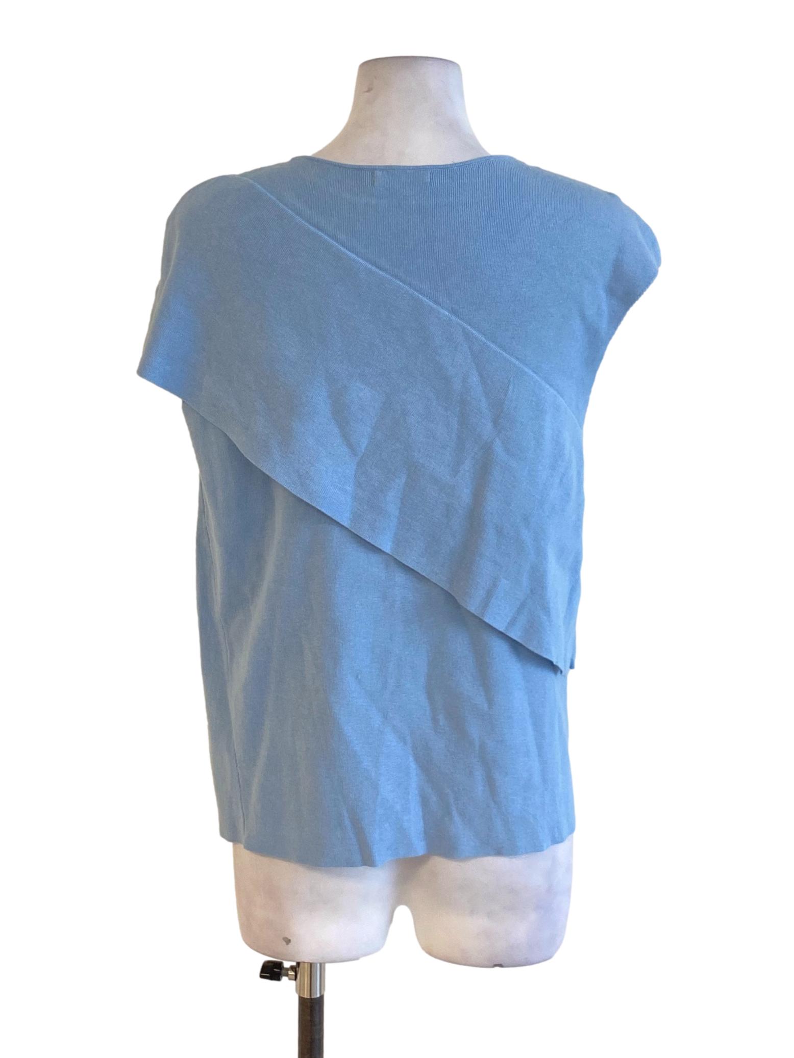 Sky Blue Round Neck Drop Shoulder Knitted Cape Shirt