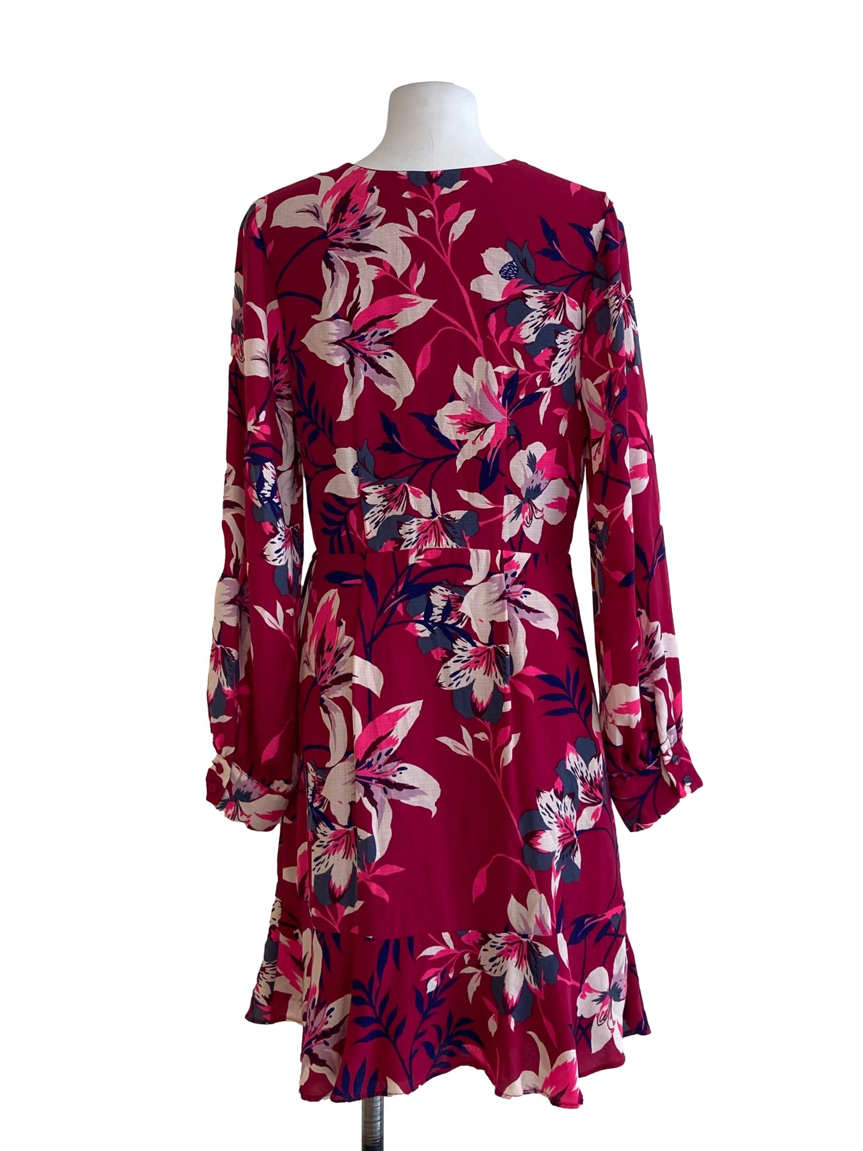 Magenta V-Neck Floral Wrap Mini Dress