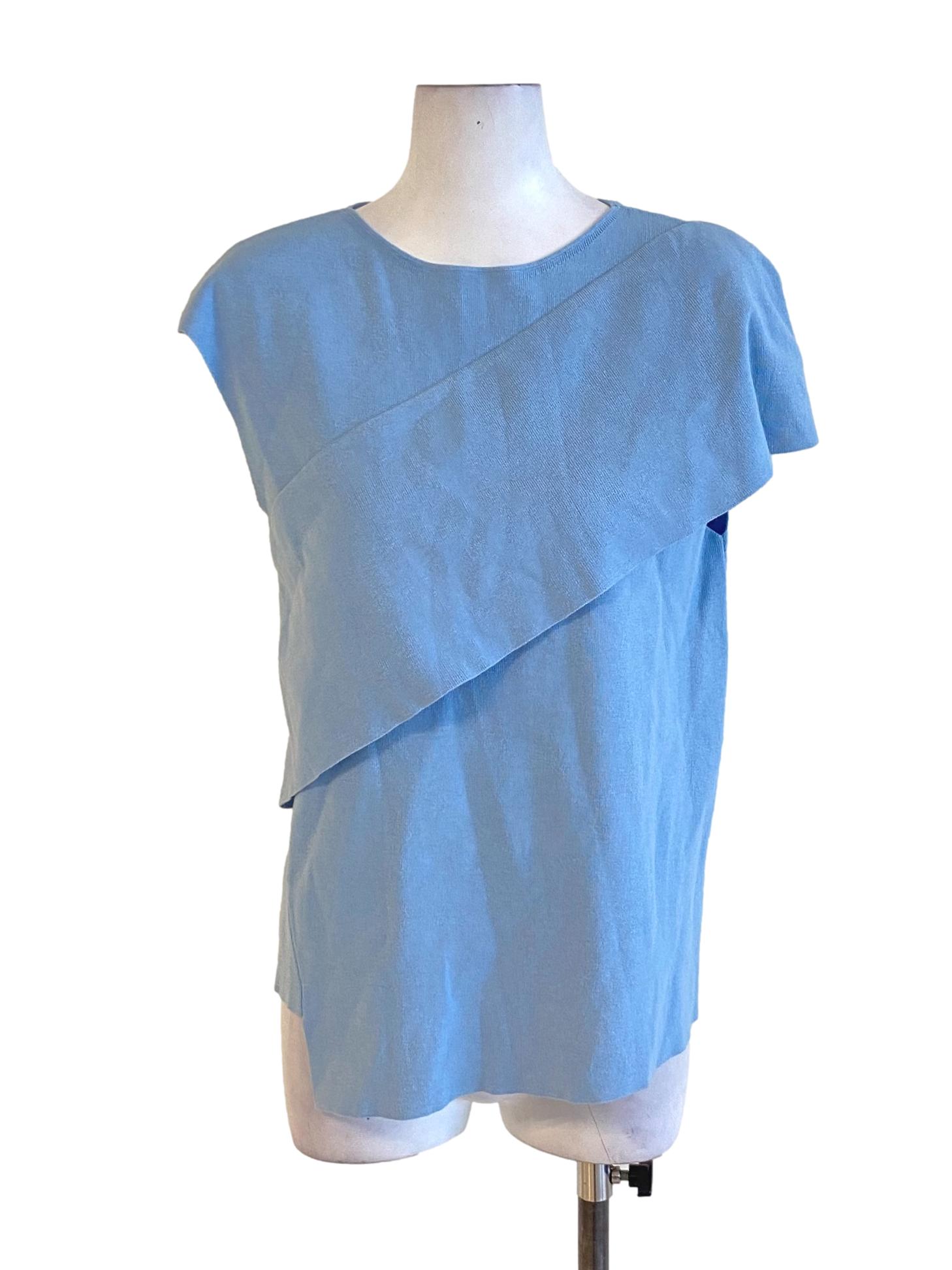 Sky Blue Round Neck Drop Shoulder Knitted Cape Shirt