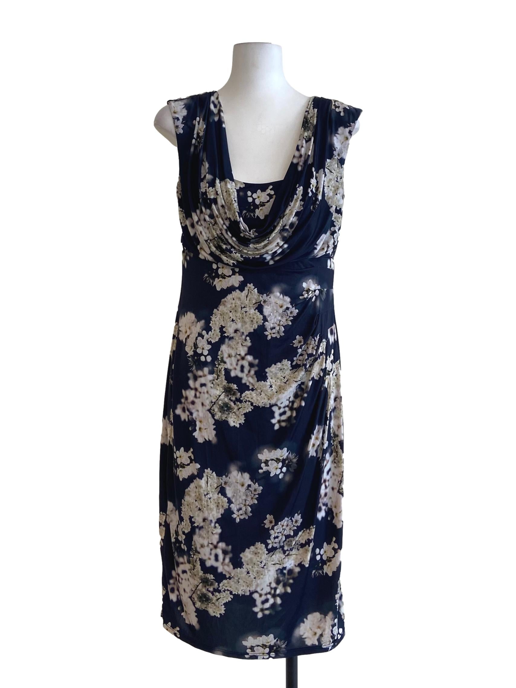 Navy Blue Floral Cowl Dress