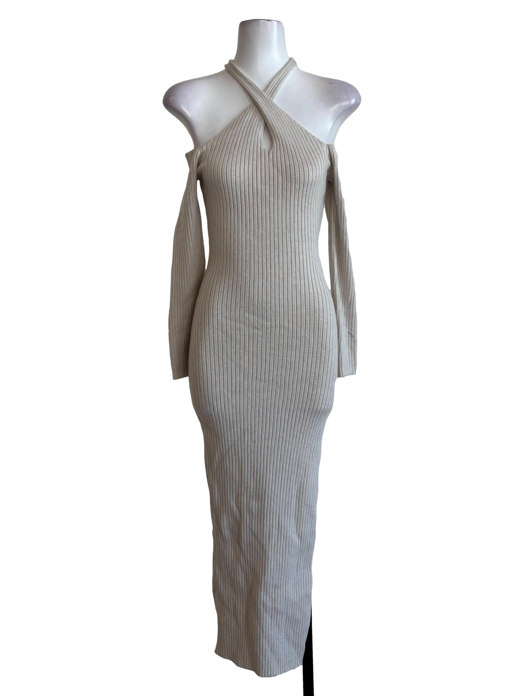 Eggshell Off Shoulder Ribbed Halter Dress