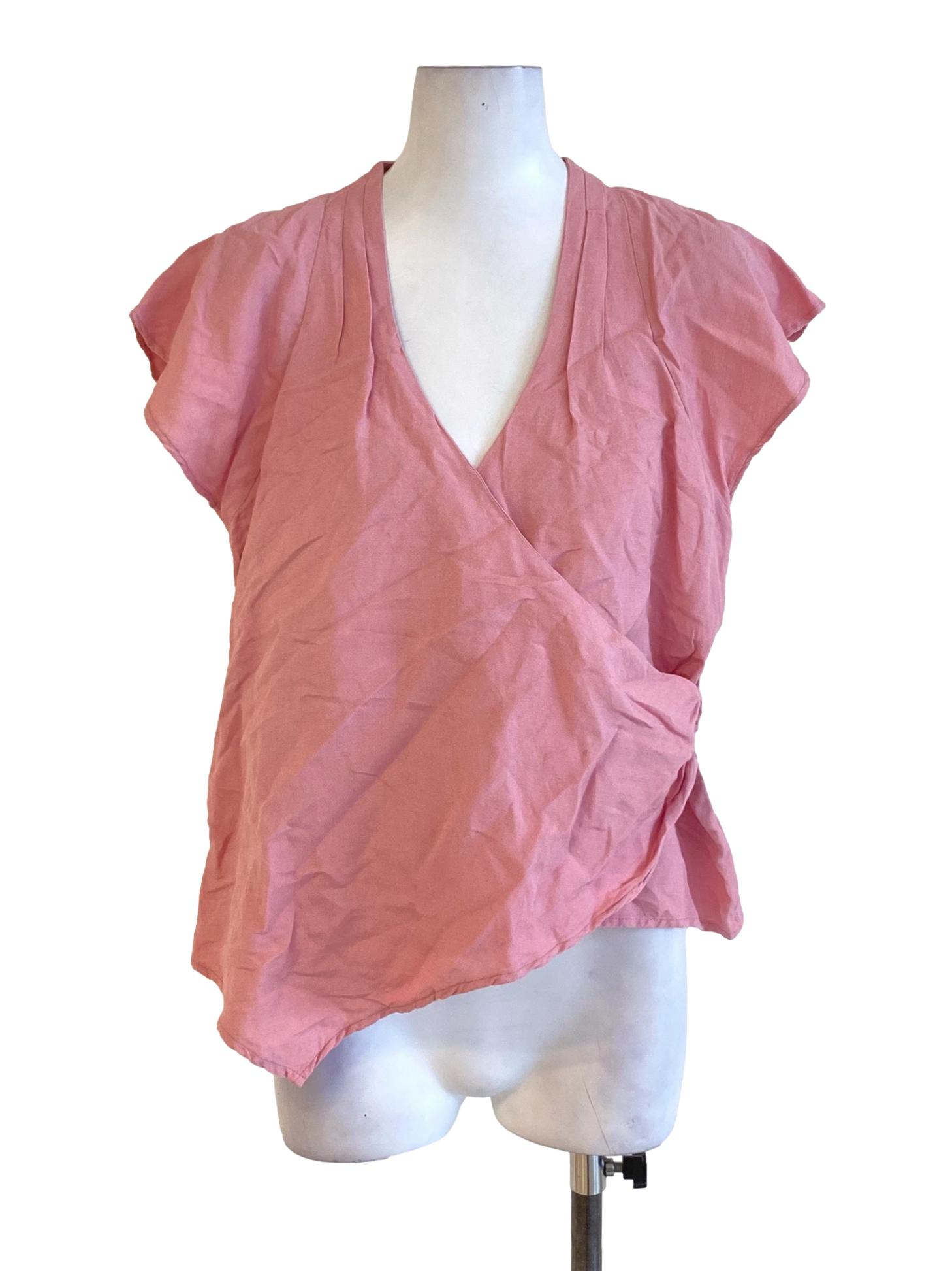Watermelon Pink V-Neck Butterfly Sleeve Wrapped Blouse
