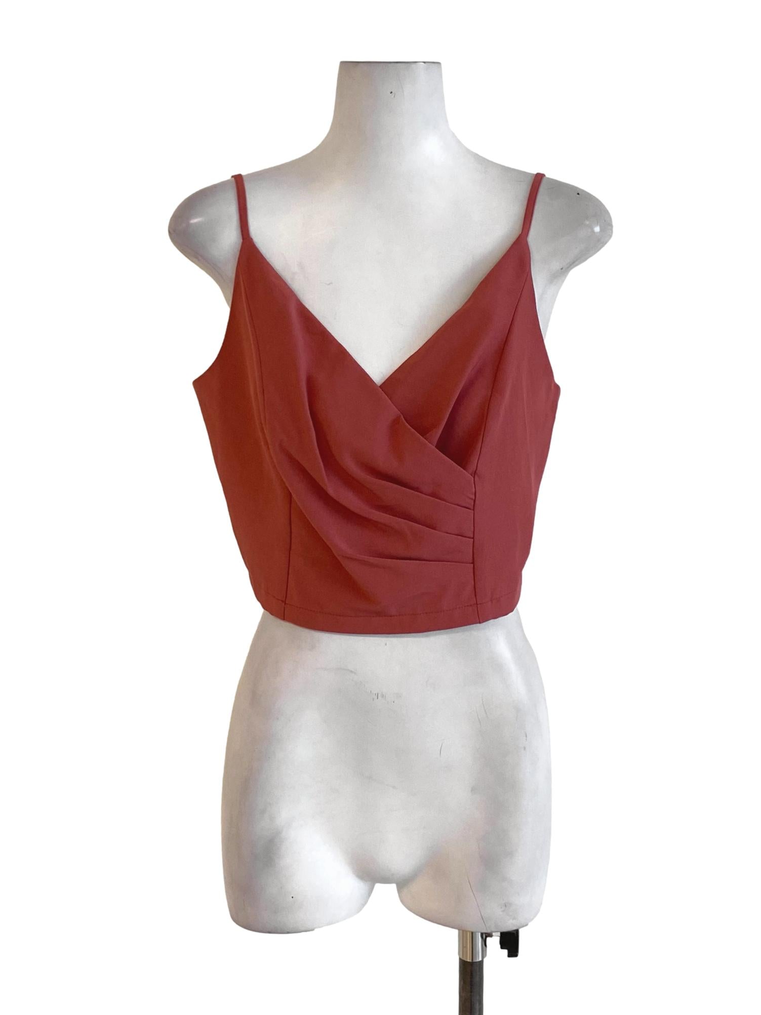 Blush Red V-Neck Spaghetti Strap Wrap Cropped Top