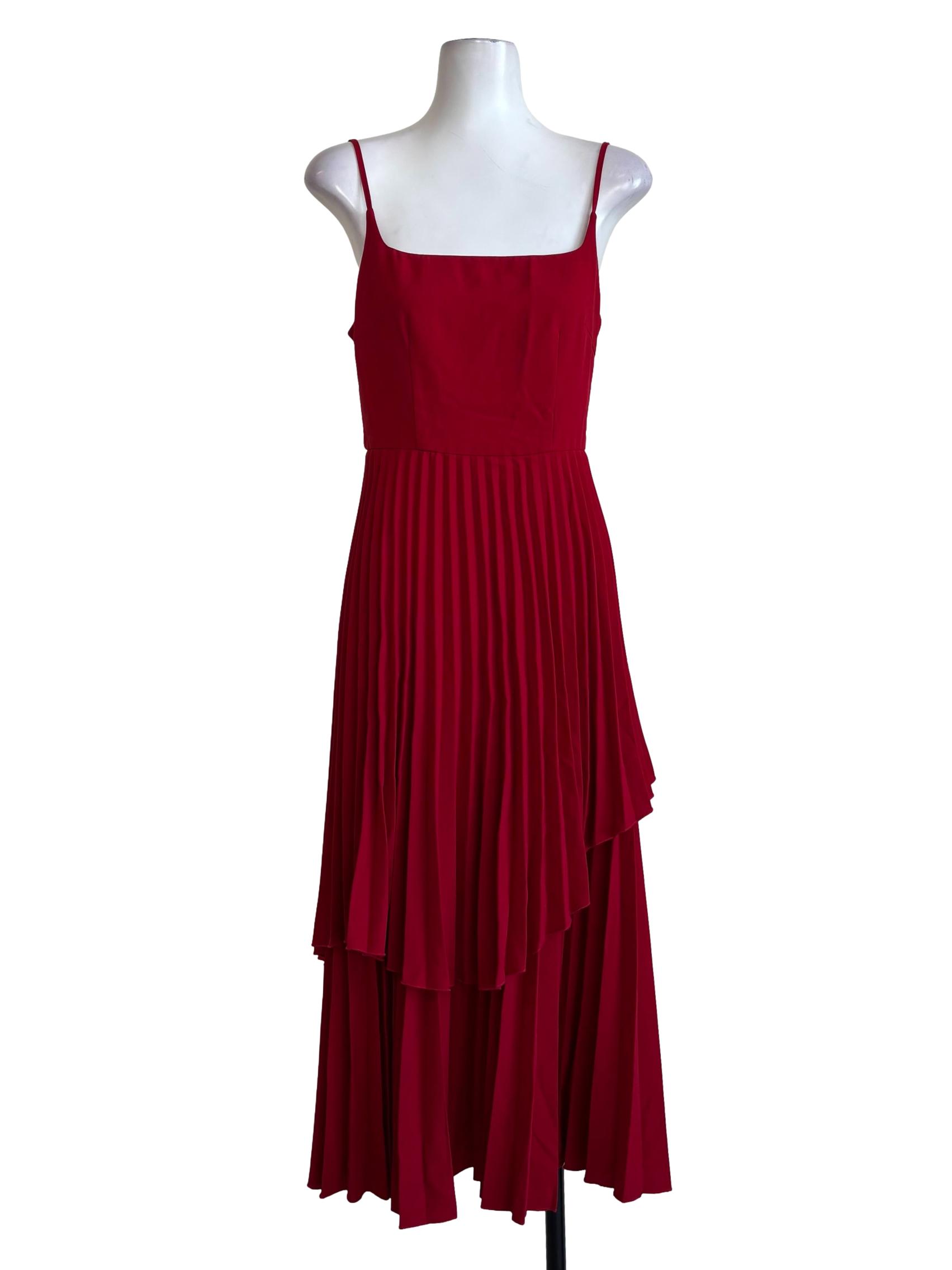 Crimson Red Pleated Flare Dress