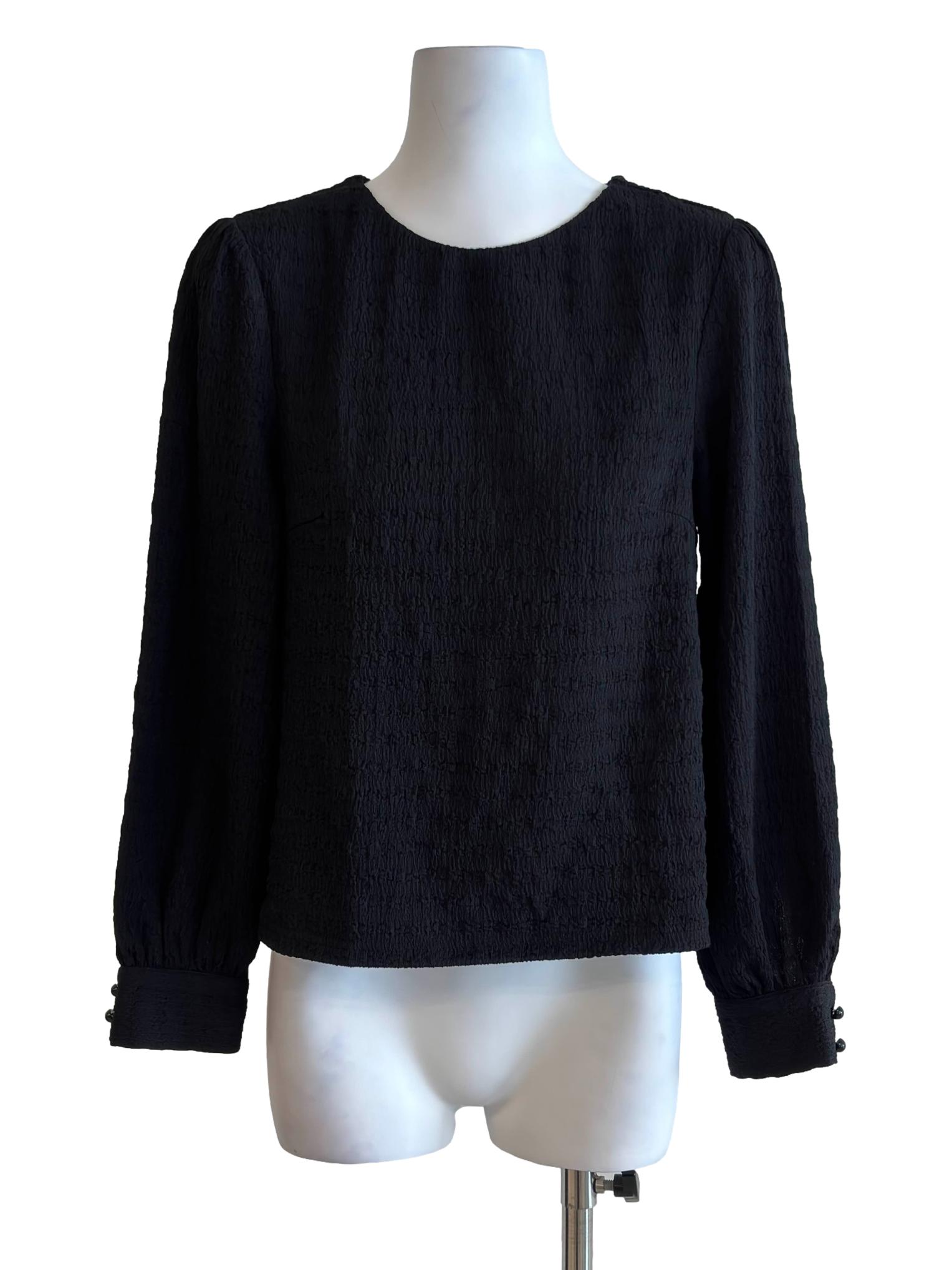 Jet Black Textured Long Sleeve Blouse