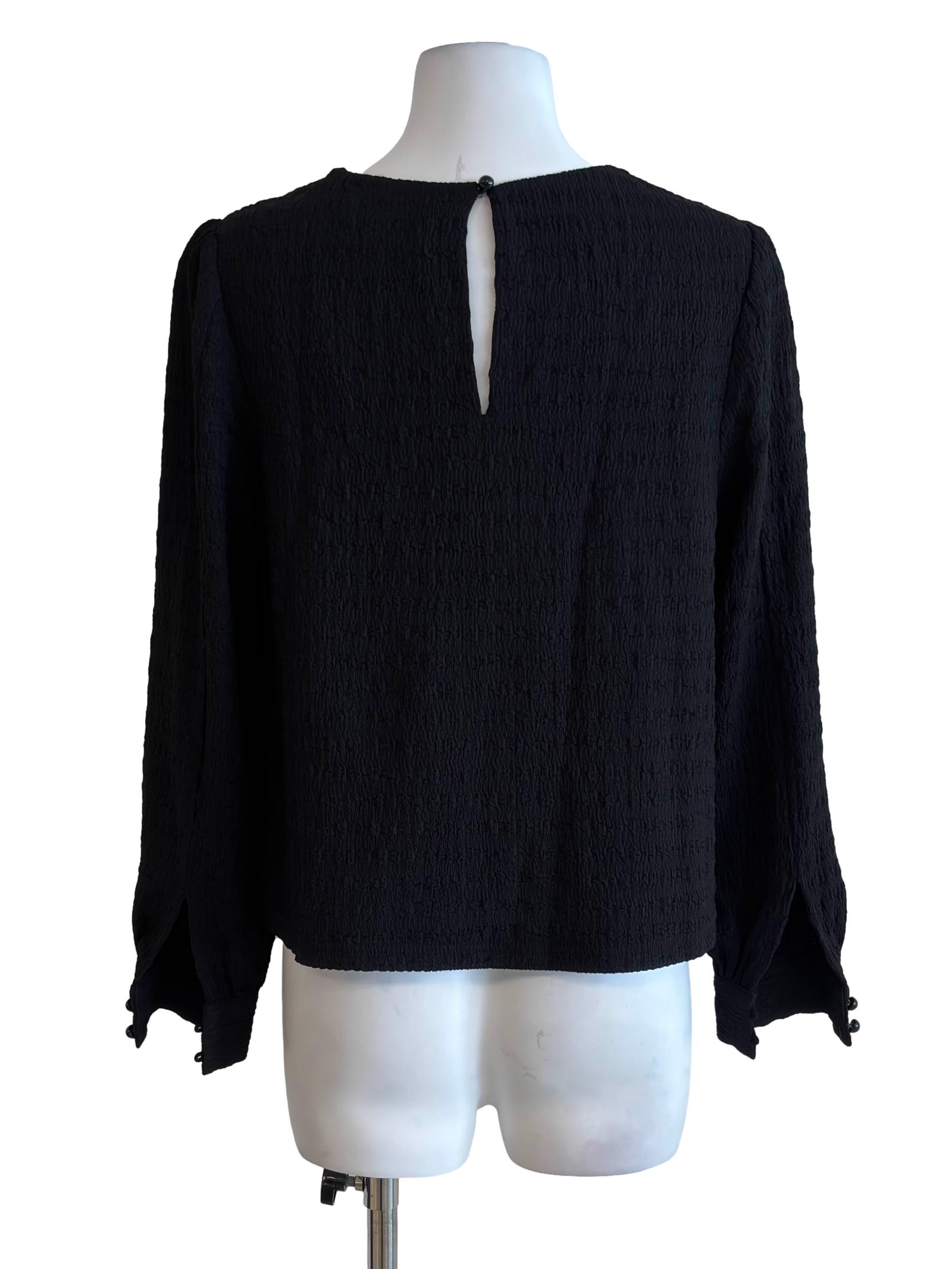 Jet Black Textured Long Sleeve Blouse
