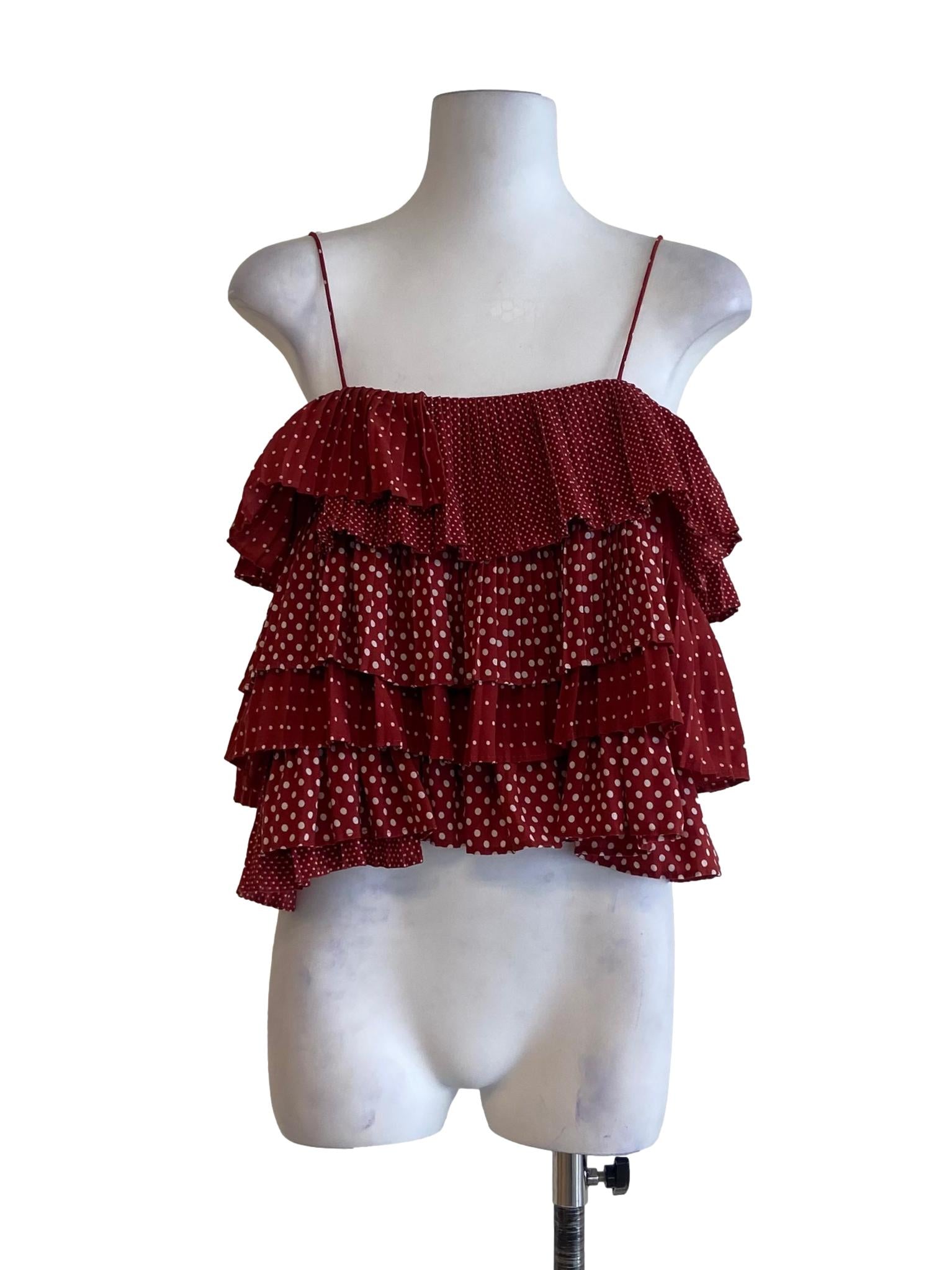 Dark Red Polkadot Spaghetti Strap Layered Top