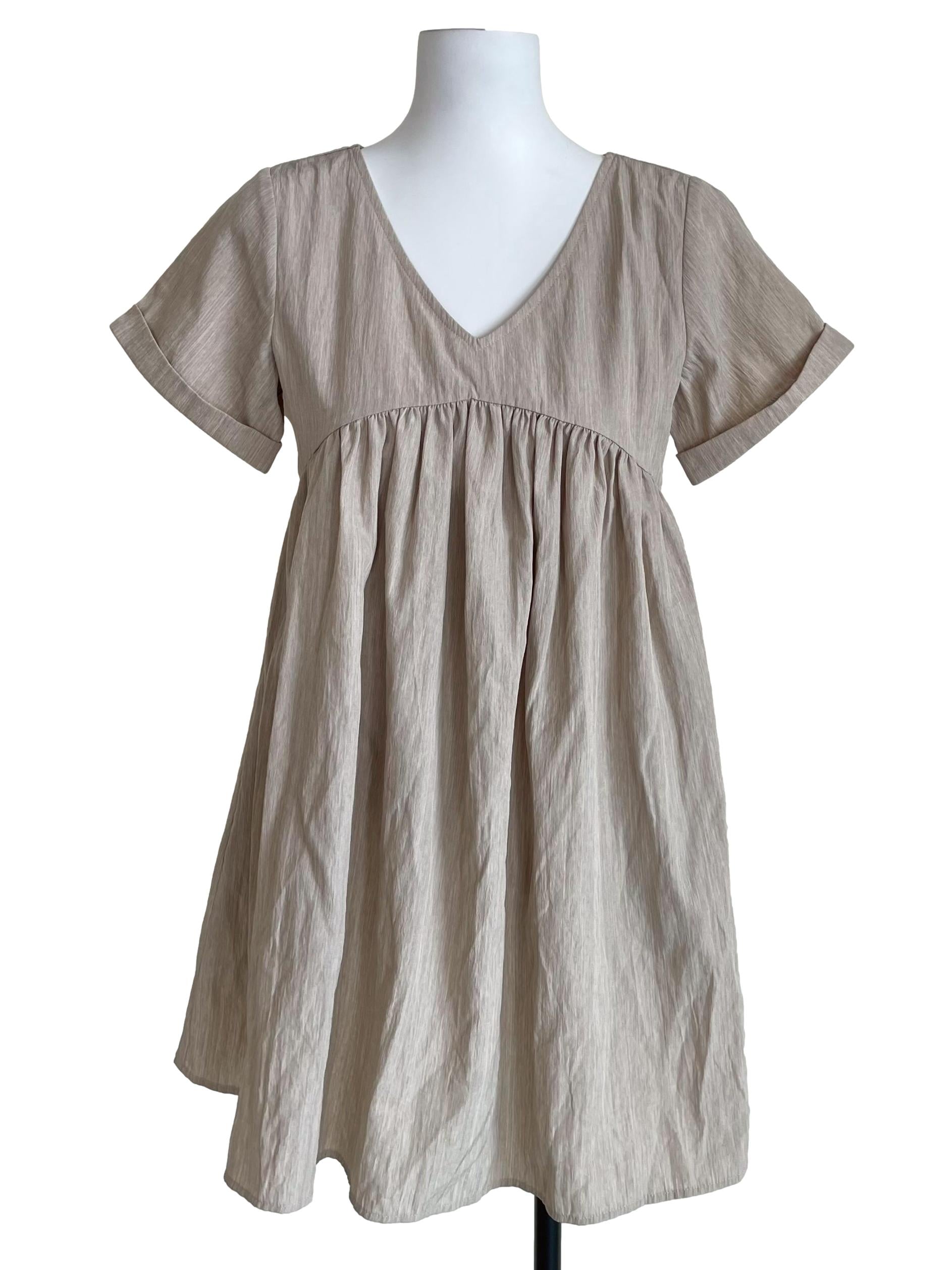 Oat Beige Cuffed Sleeves Babydoll Dress