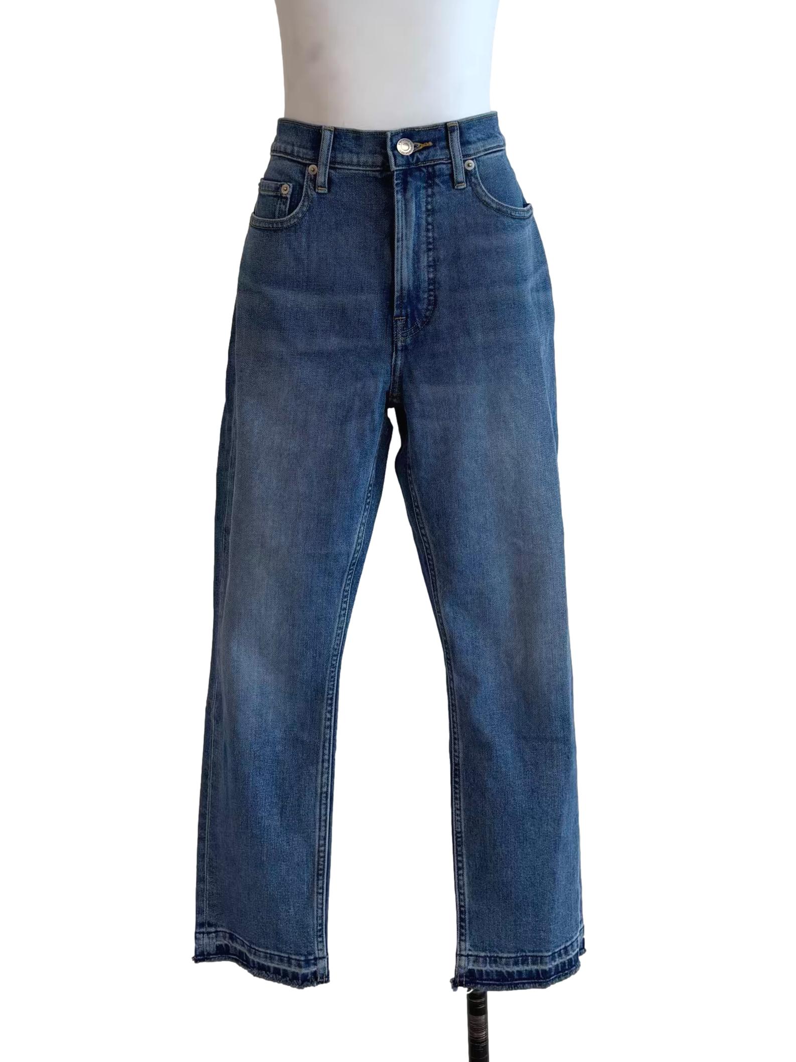 Blue Straight Frayed Hem Jeans