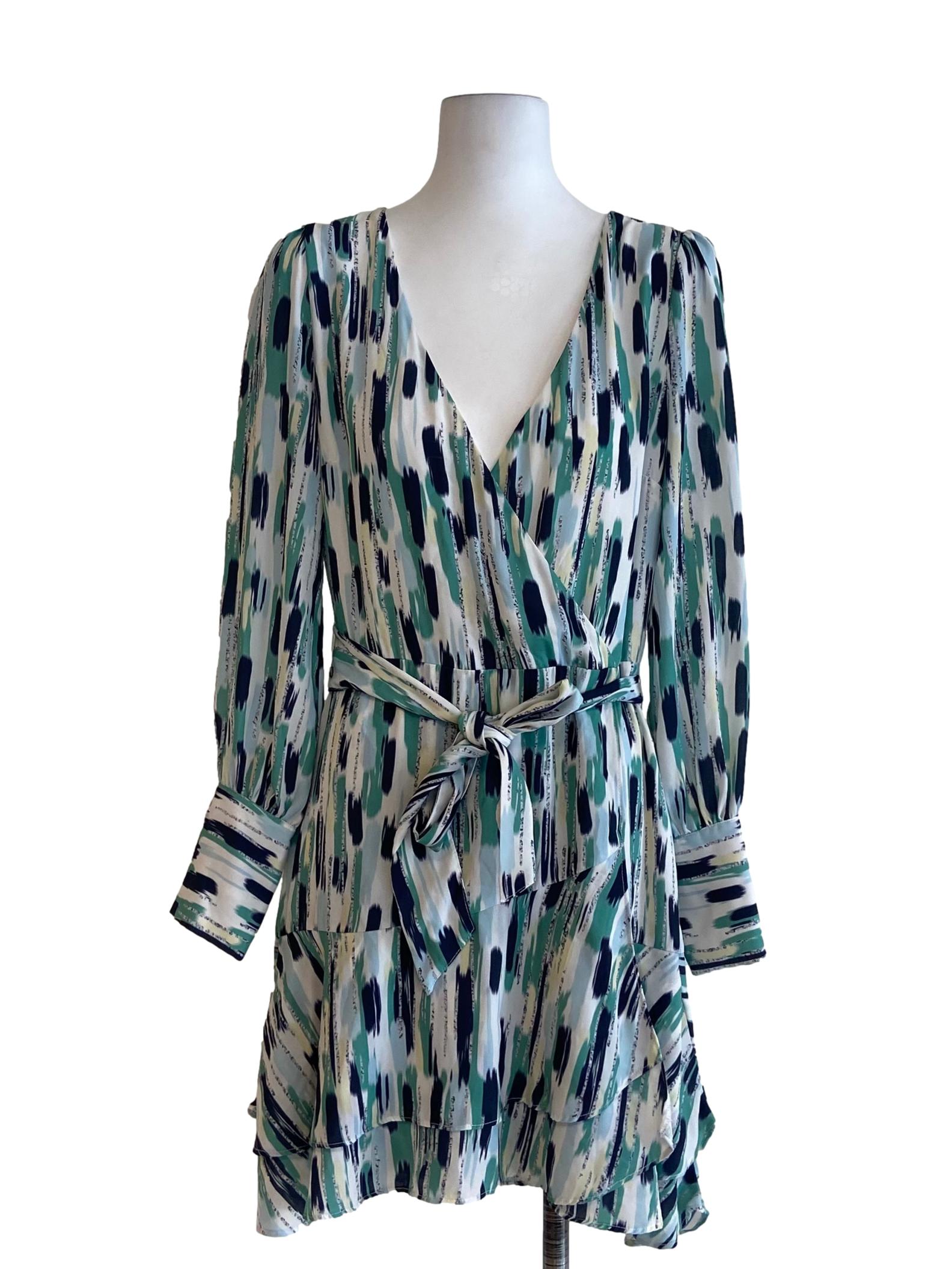 White & Green Stripe V-Neck Mini Dress