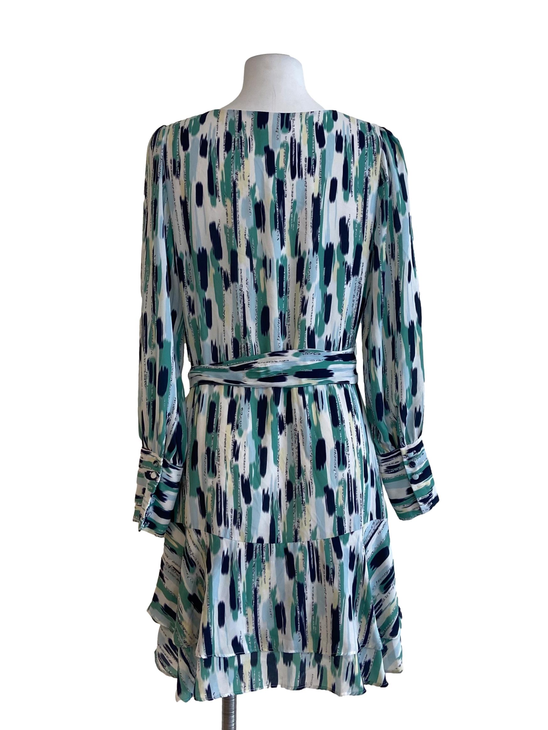 White & Green Stripe V-Neck Mini Dress
