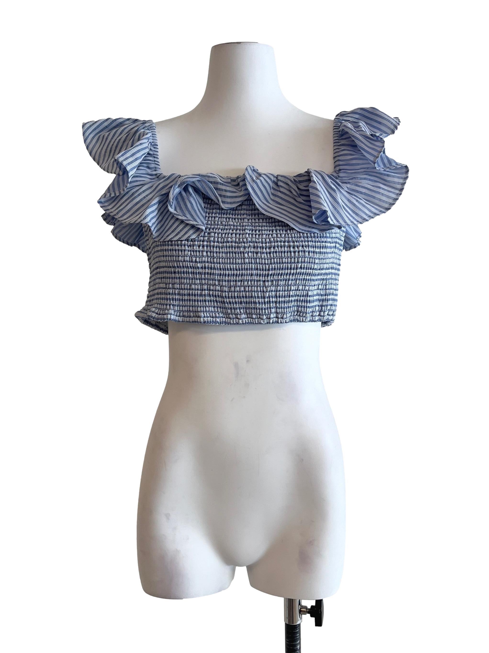Sky Blue Square Neck Ruffled Top