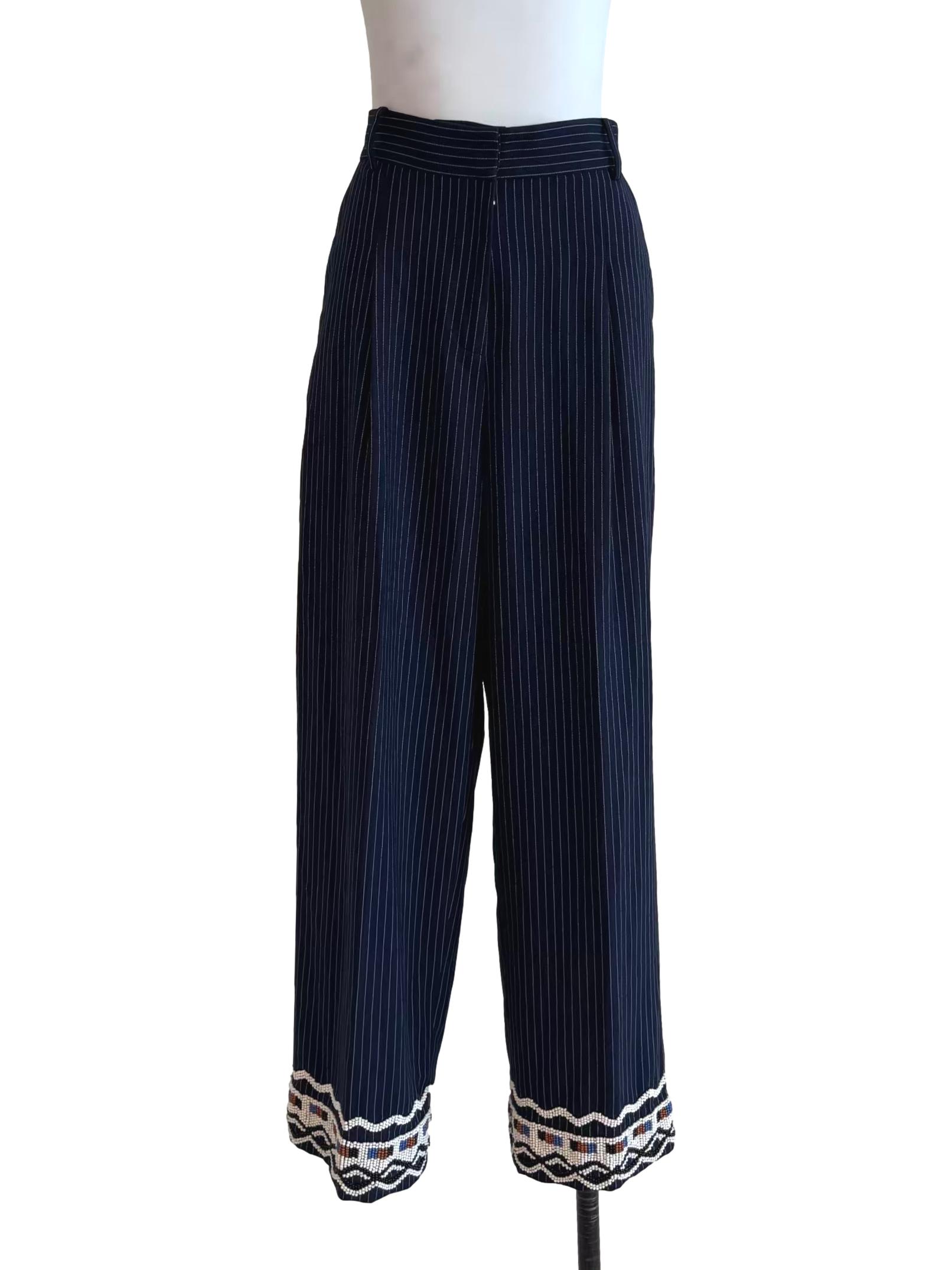 Navy Blue Striped Beaded Hem Pants