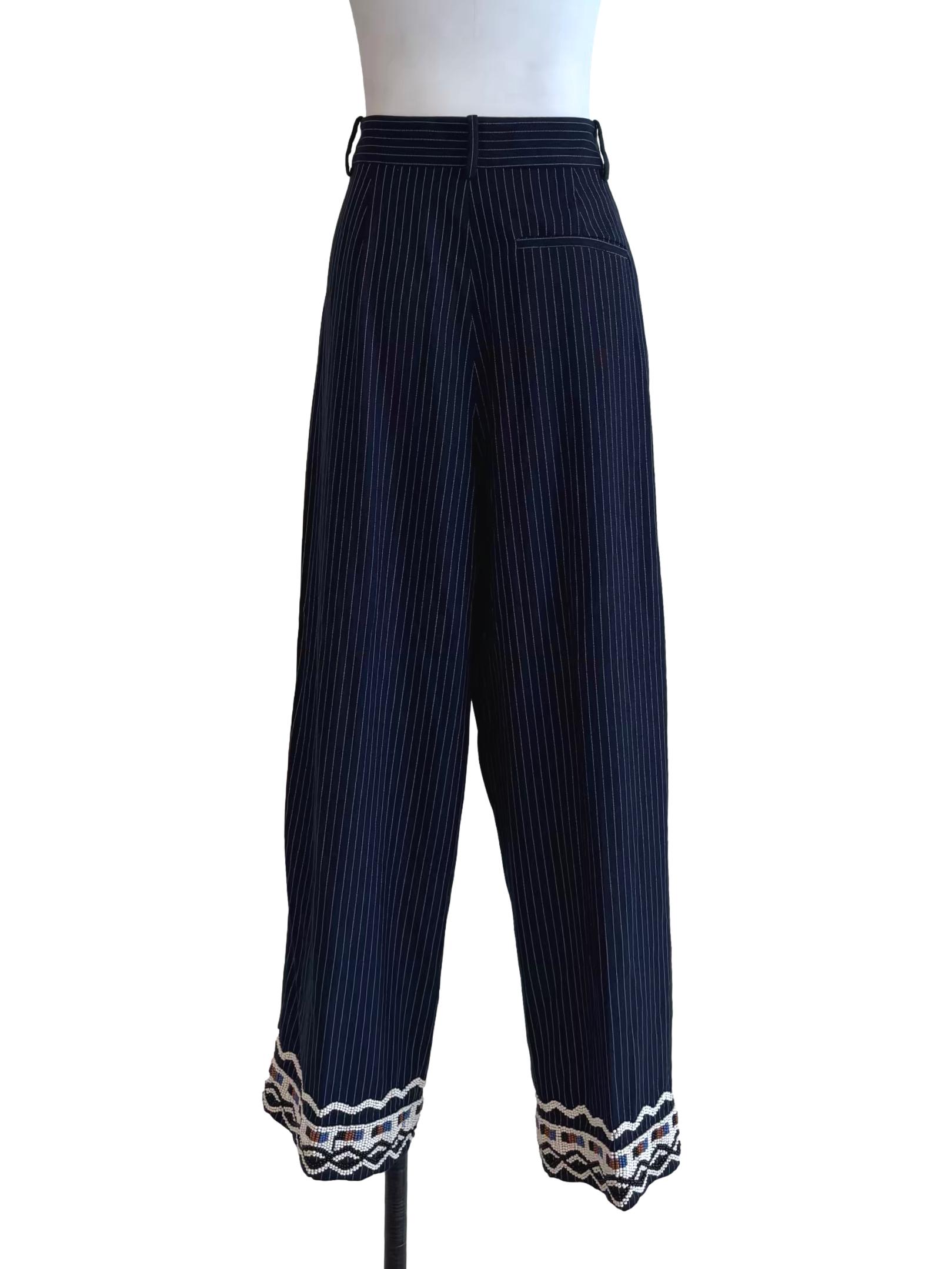Navy Blue Striped Beaded Hem Pants