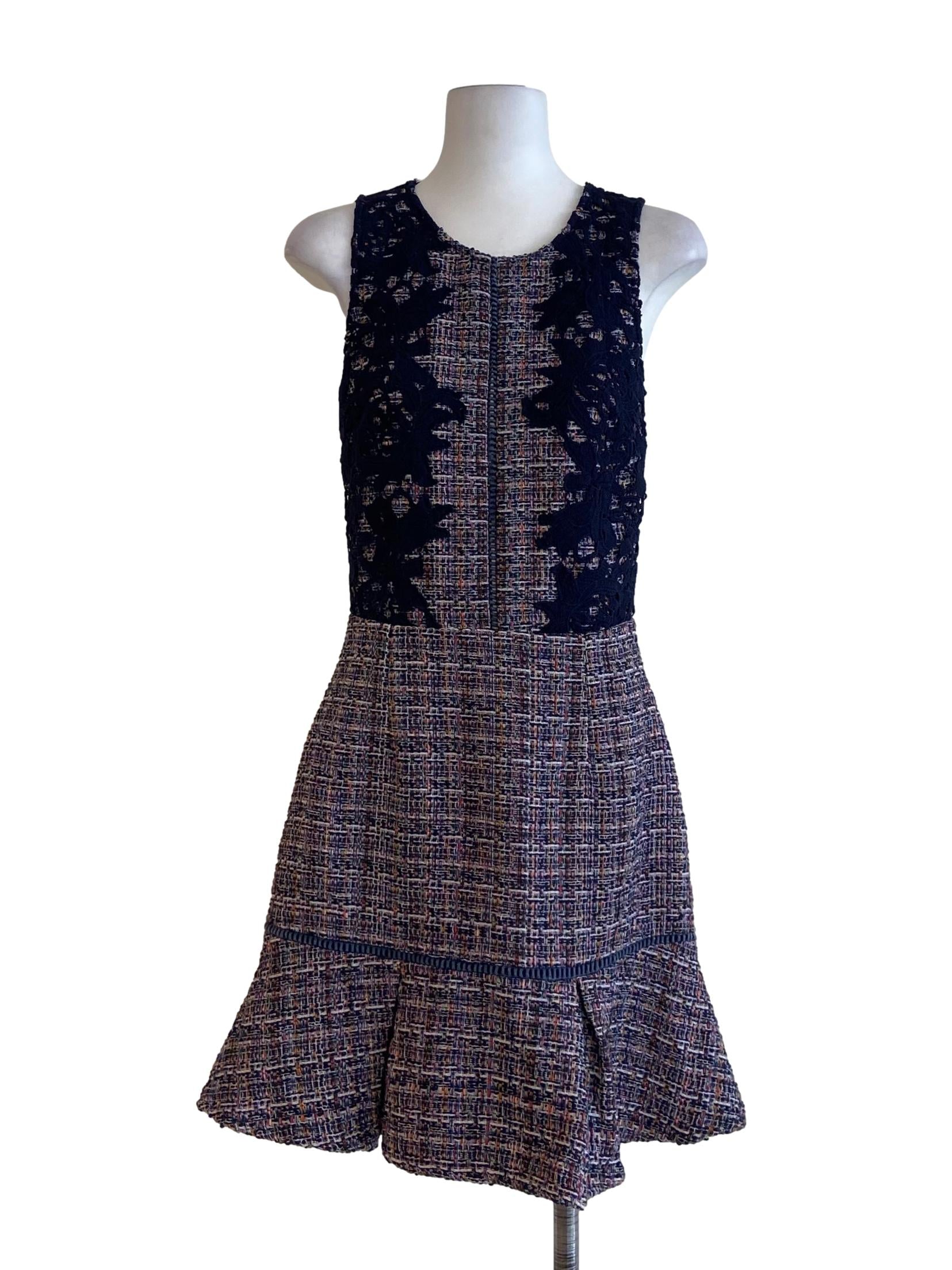 Denim Blue Floral Lace Tweed Drop Waist Dress