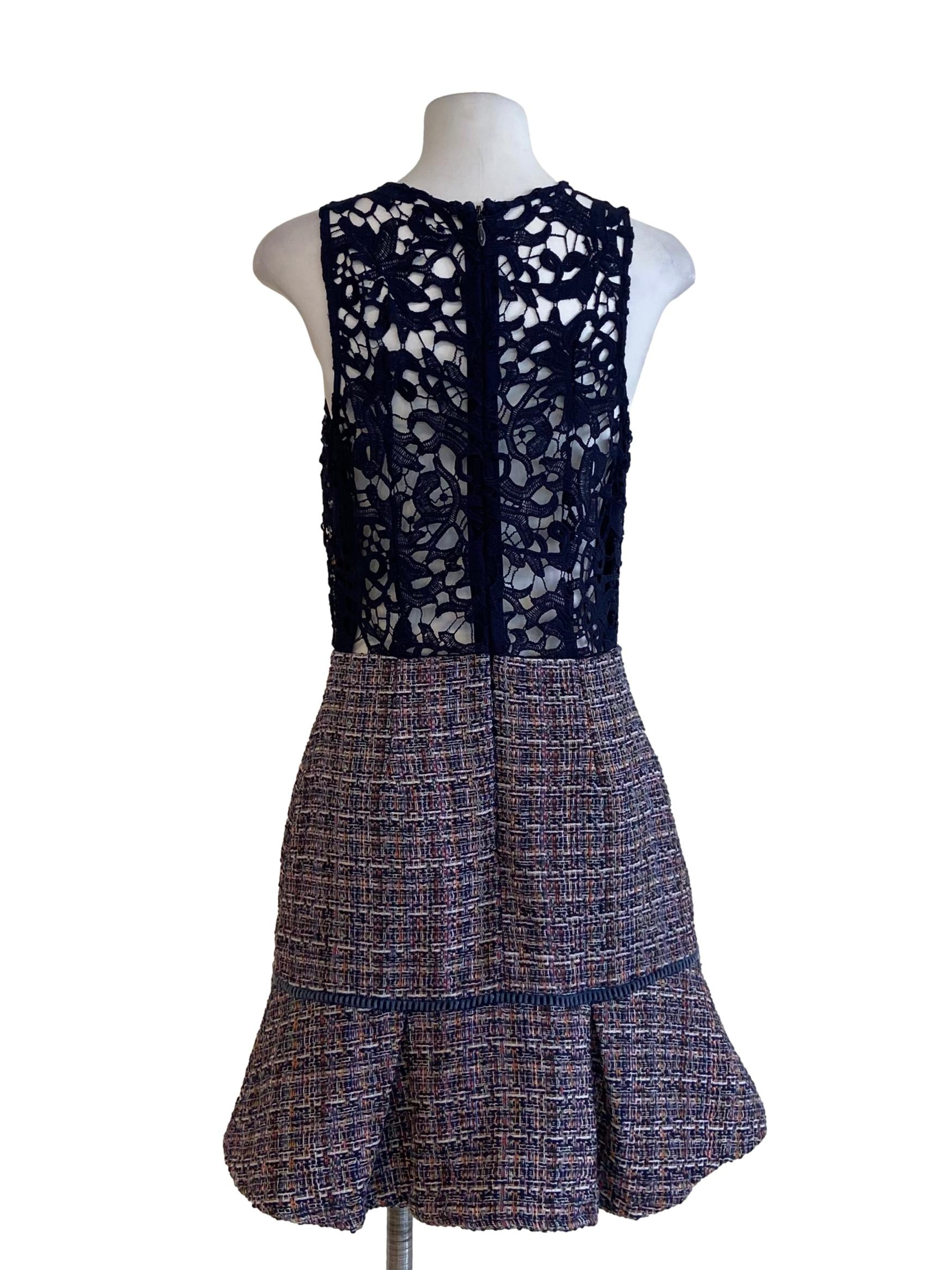 Denim Blue Floral Lace Tweed Drop Waist Dress