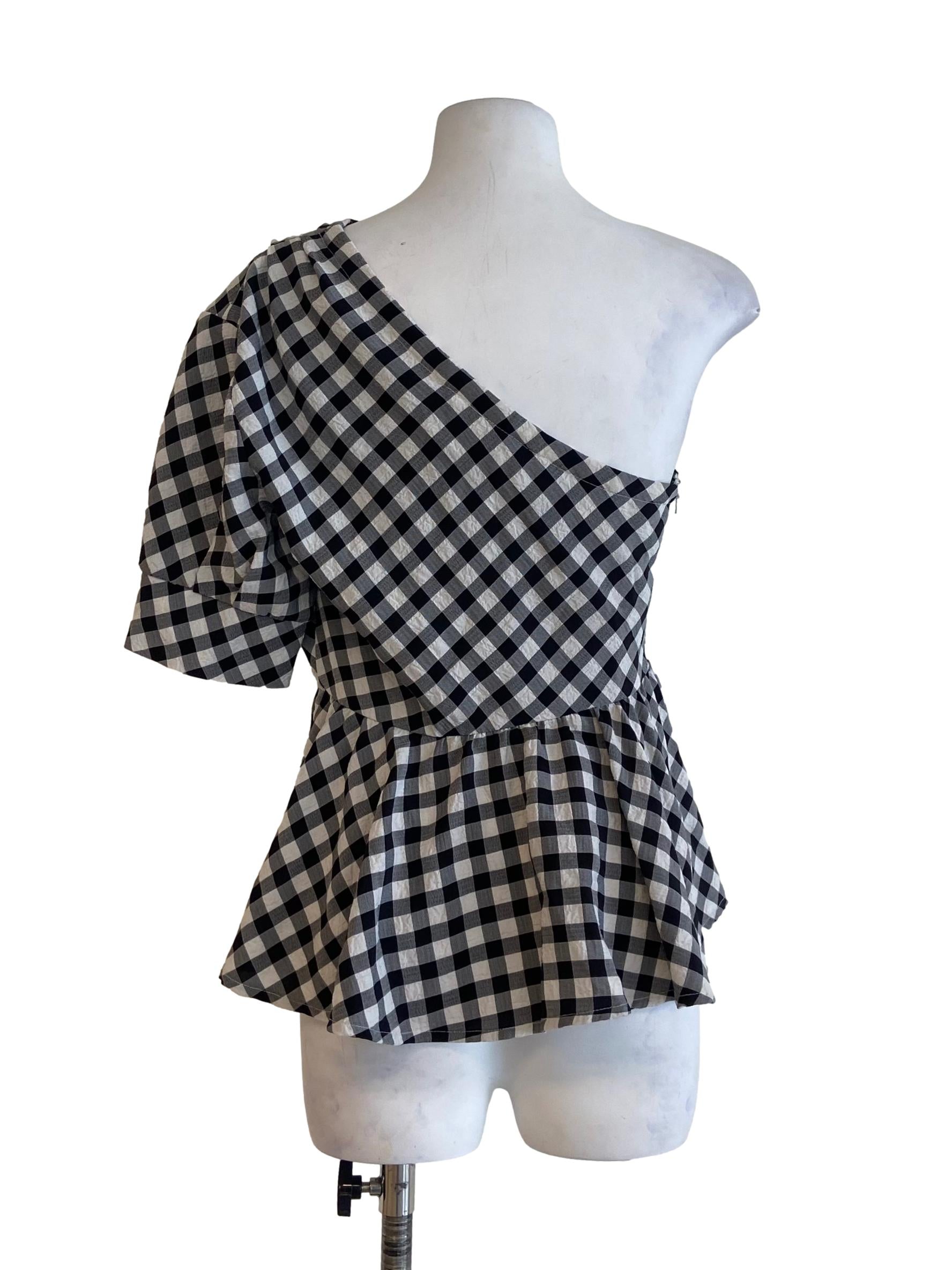 Black & White Plaid Asymmetric Blouse