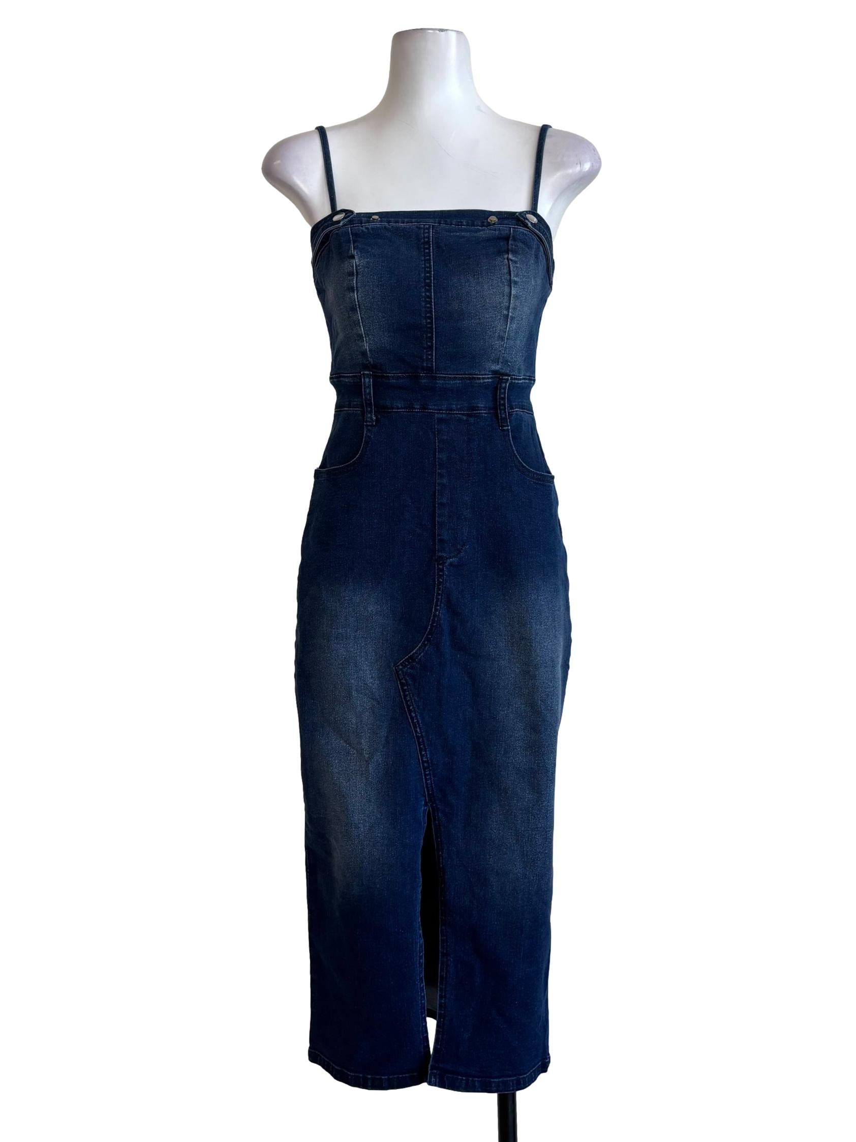 Washed Denim Fitted Spaghetti Strap Dress