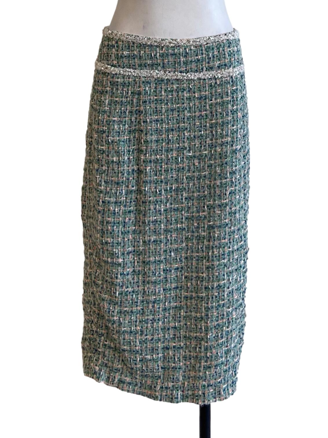 Green Tweed Tube Slit Skirt