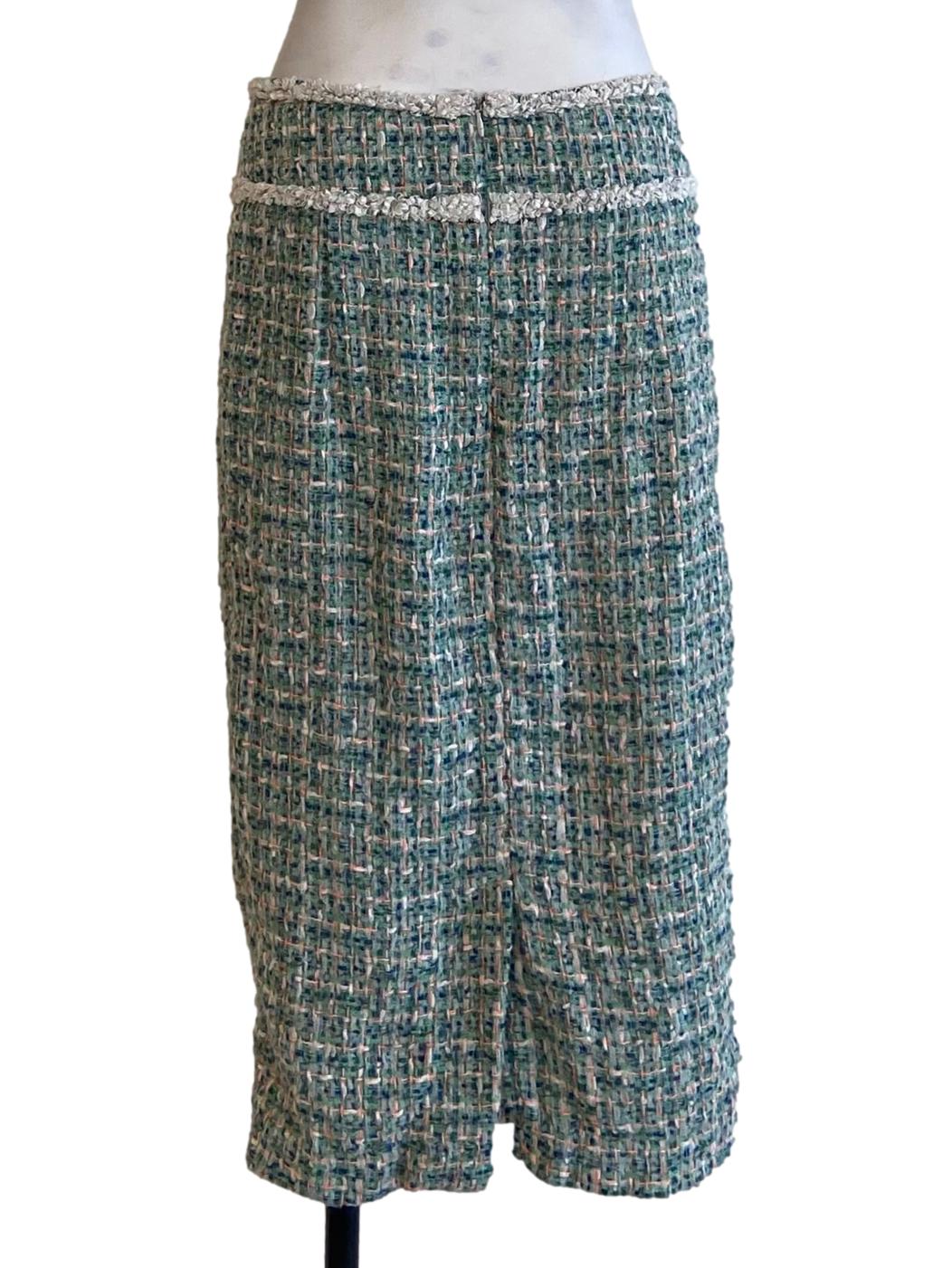 Green Tweed Tube Slit Skirt