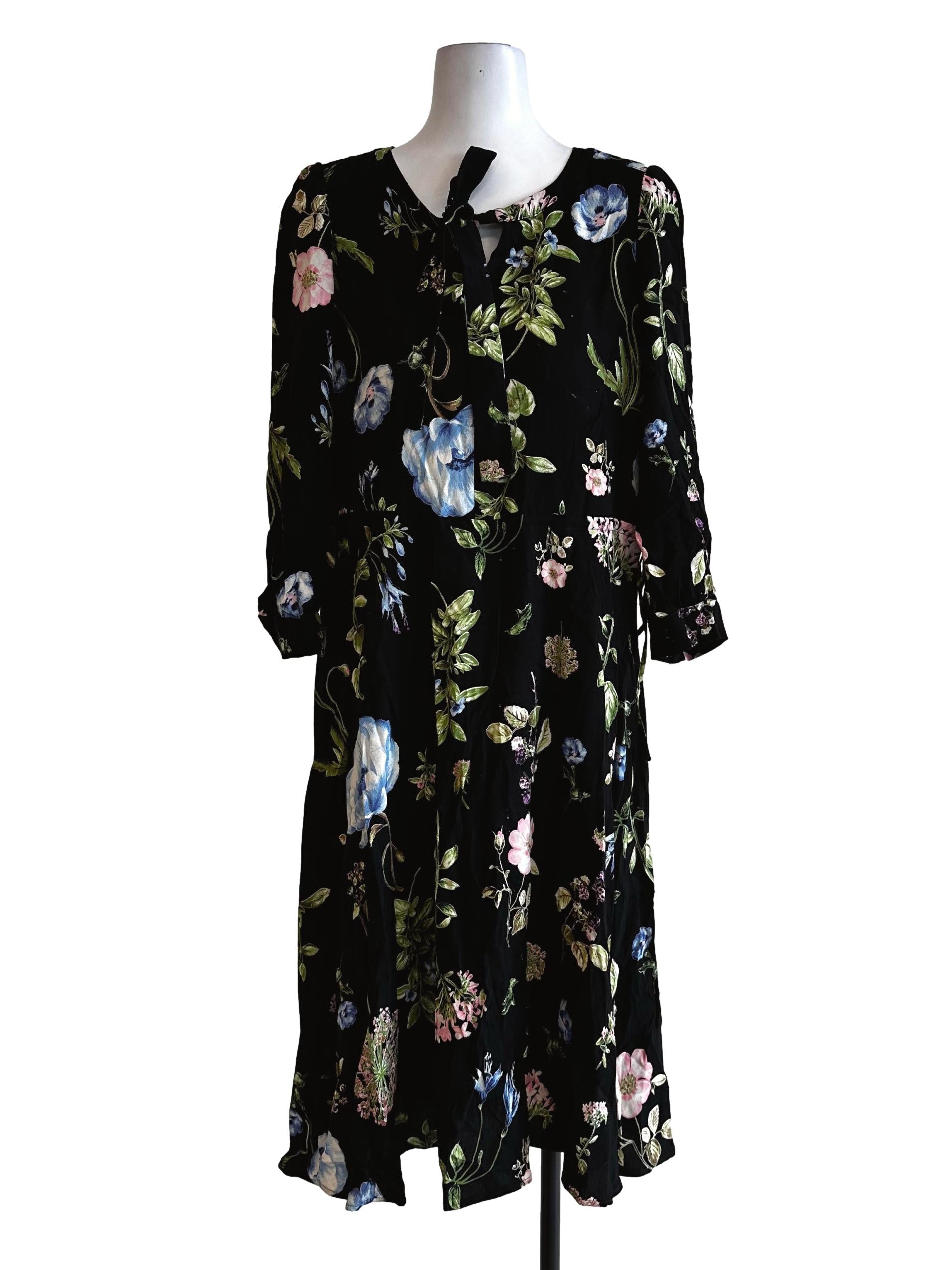 Black Flower Pattern Midi Dress