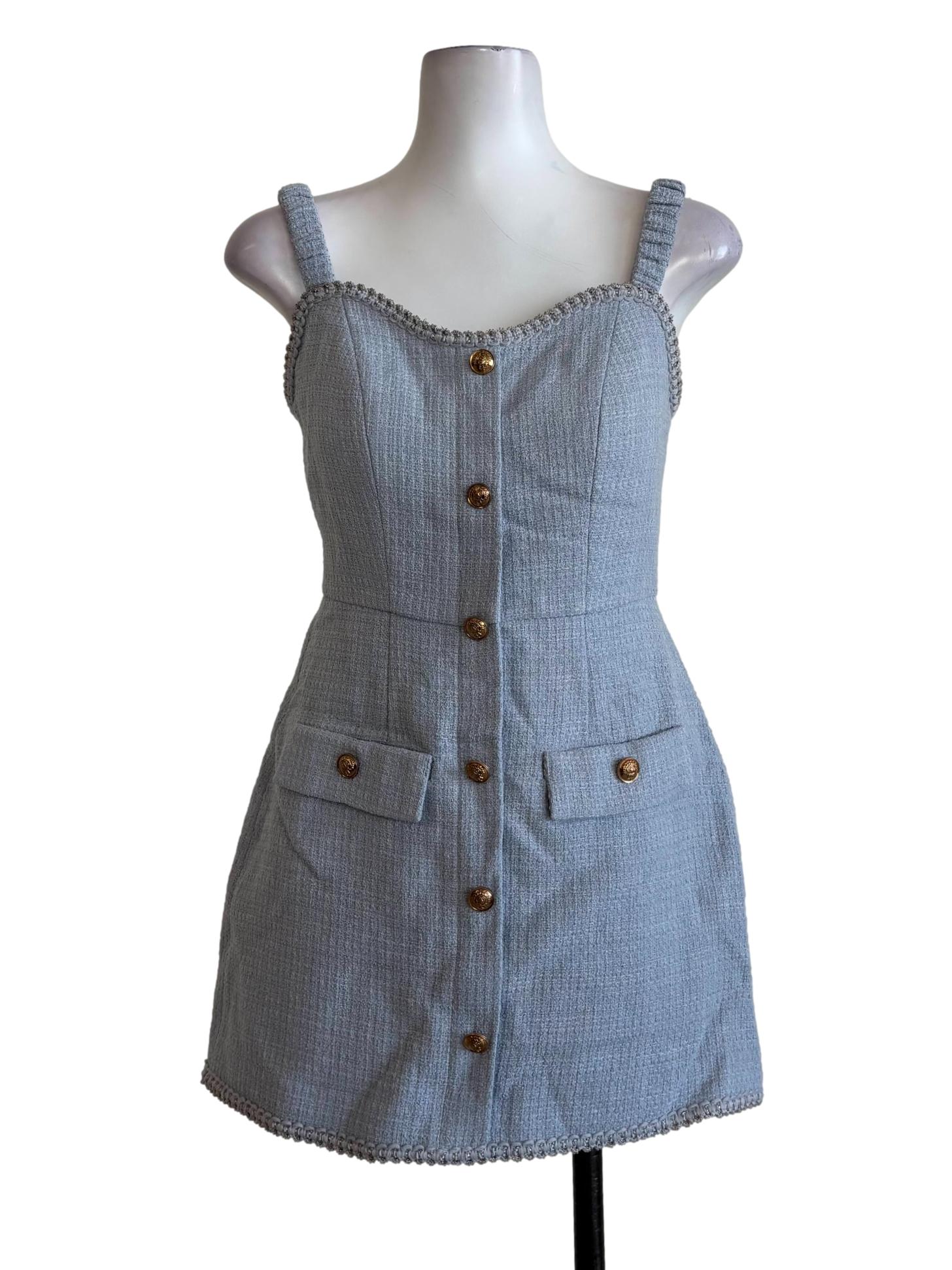 Sky Blue Sleeveless Tweed Dress