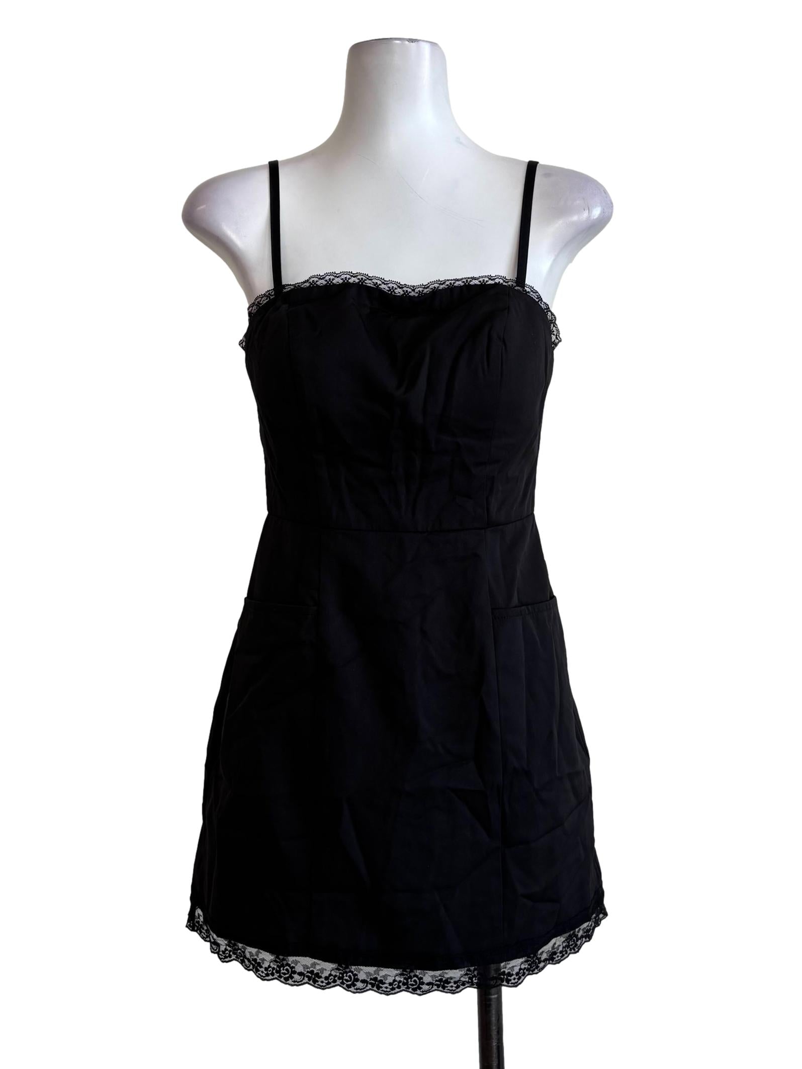 Jet Black Lace Hem Cotton Camisole Dress