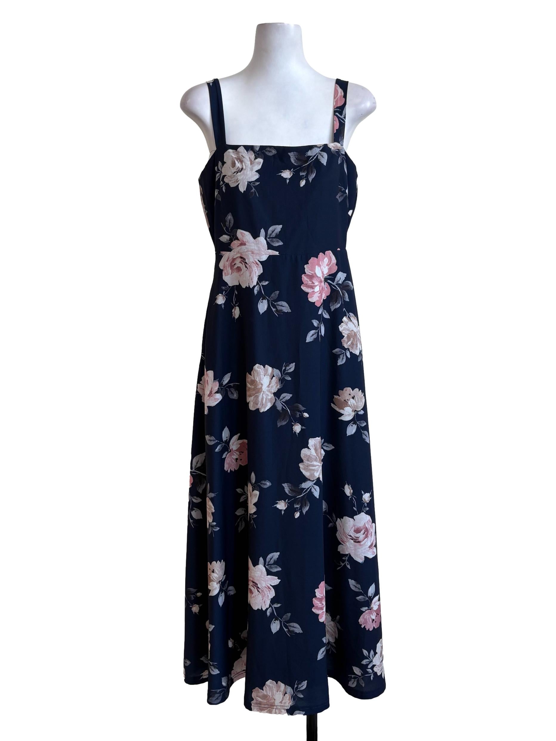 Navy Blue Floral A-Line Dress