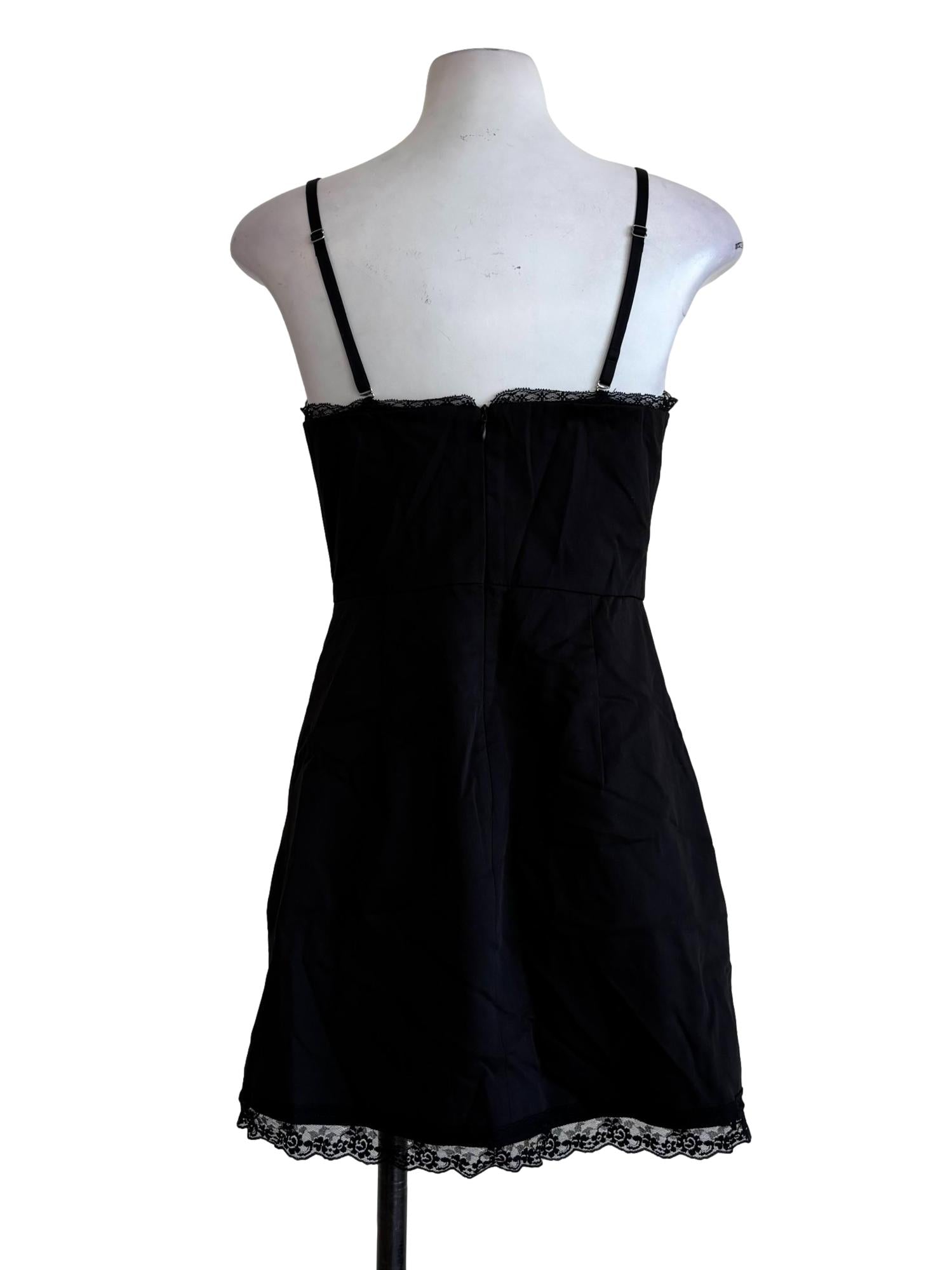 Jet Black Lace Hem Cotton Camisole Dress