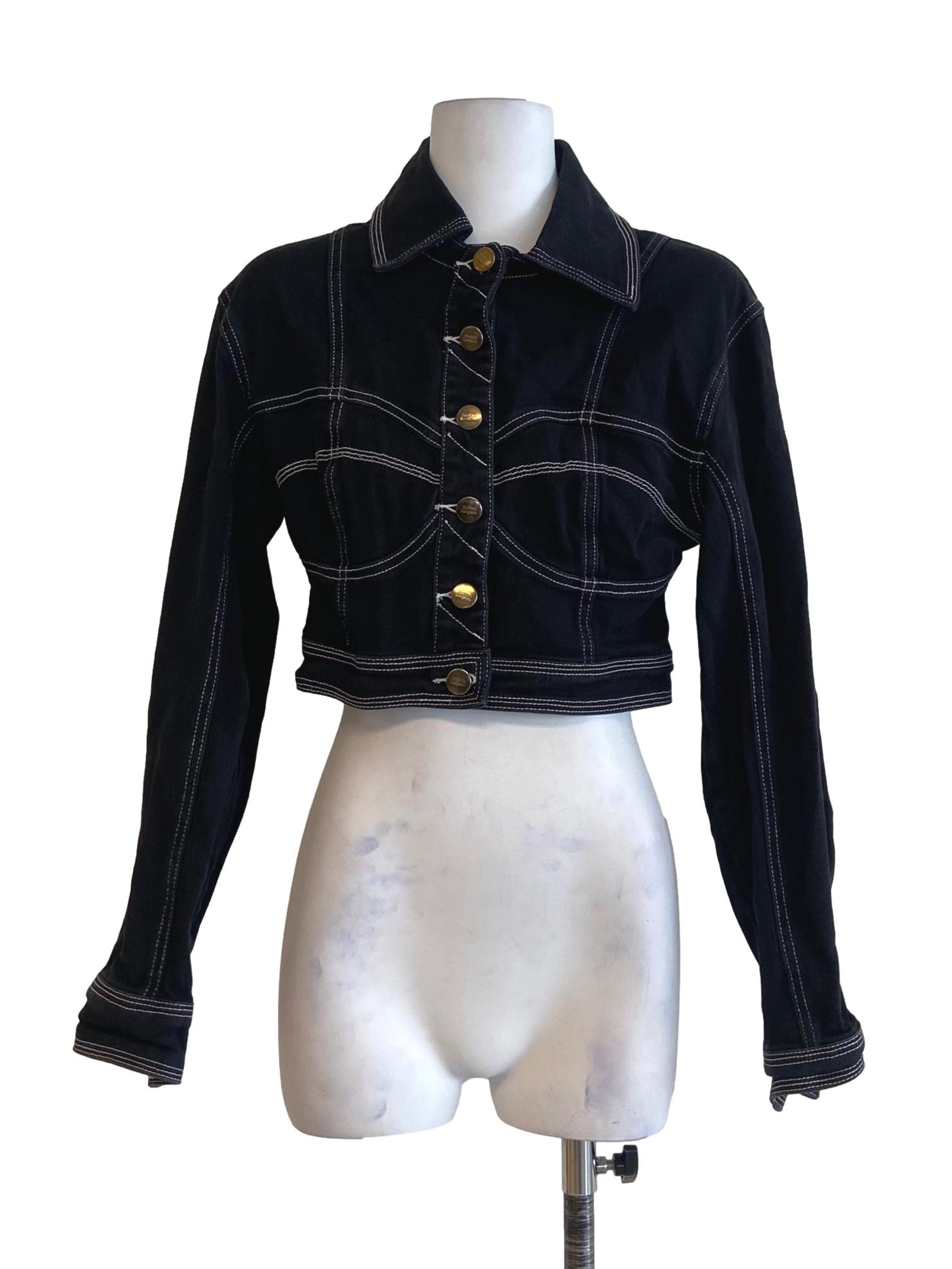 Black Button Down Herringbone Crop Jeans Jacket