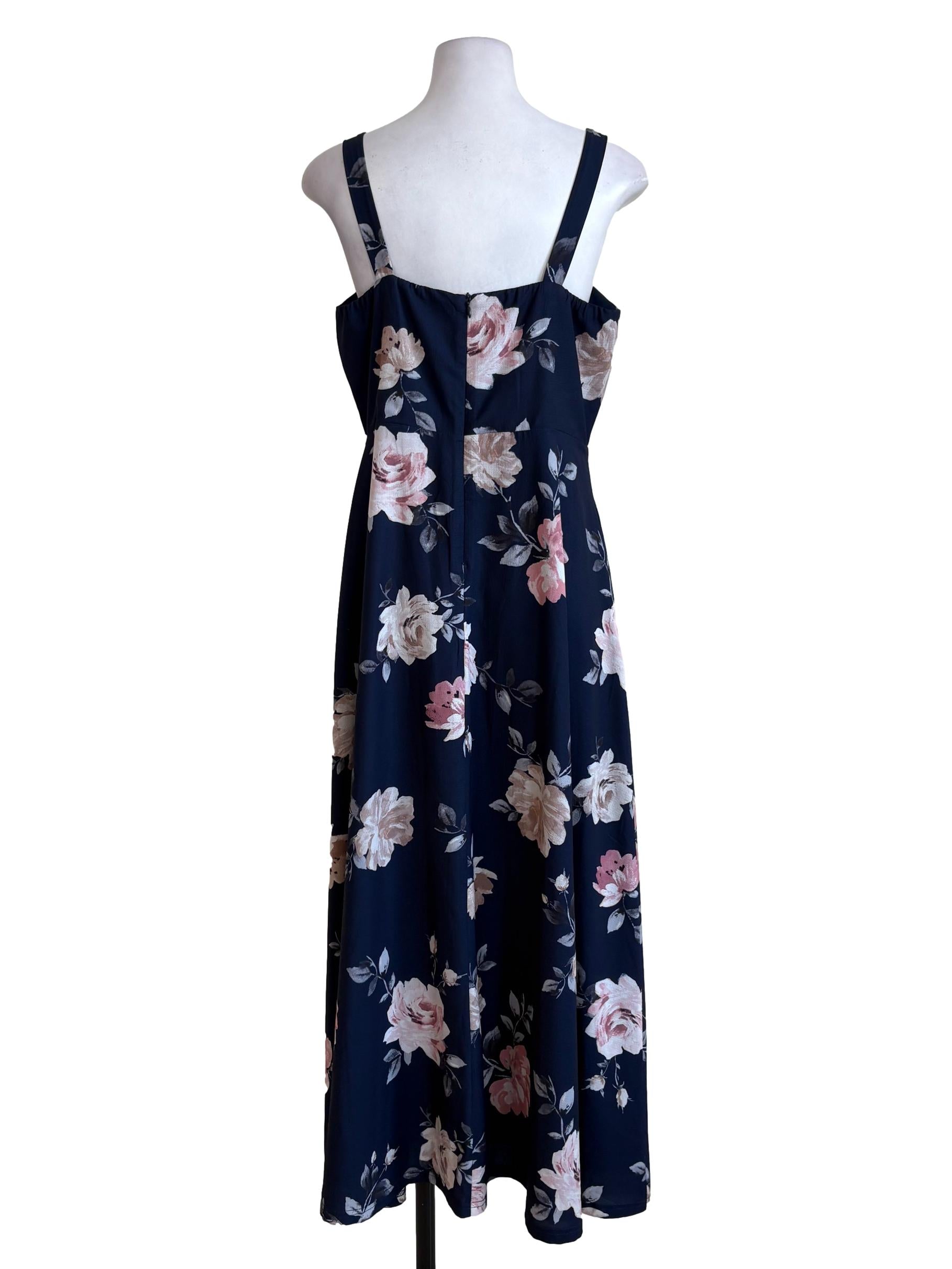 Navy Blue Floral A-Line Dress