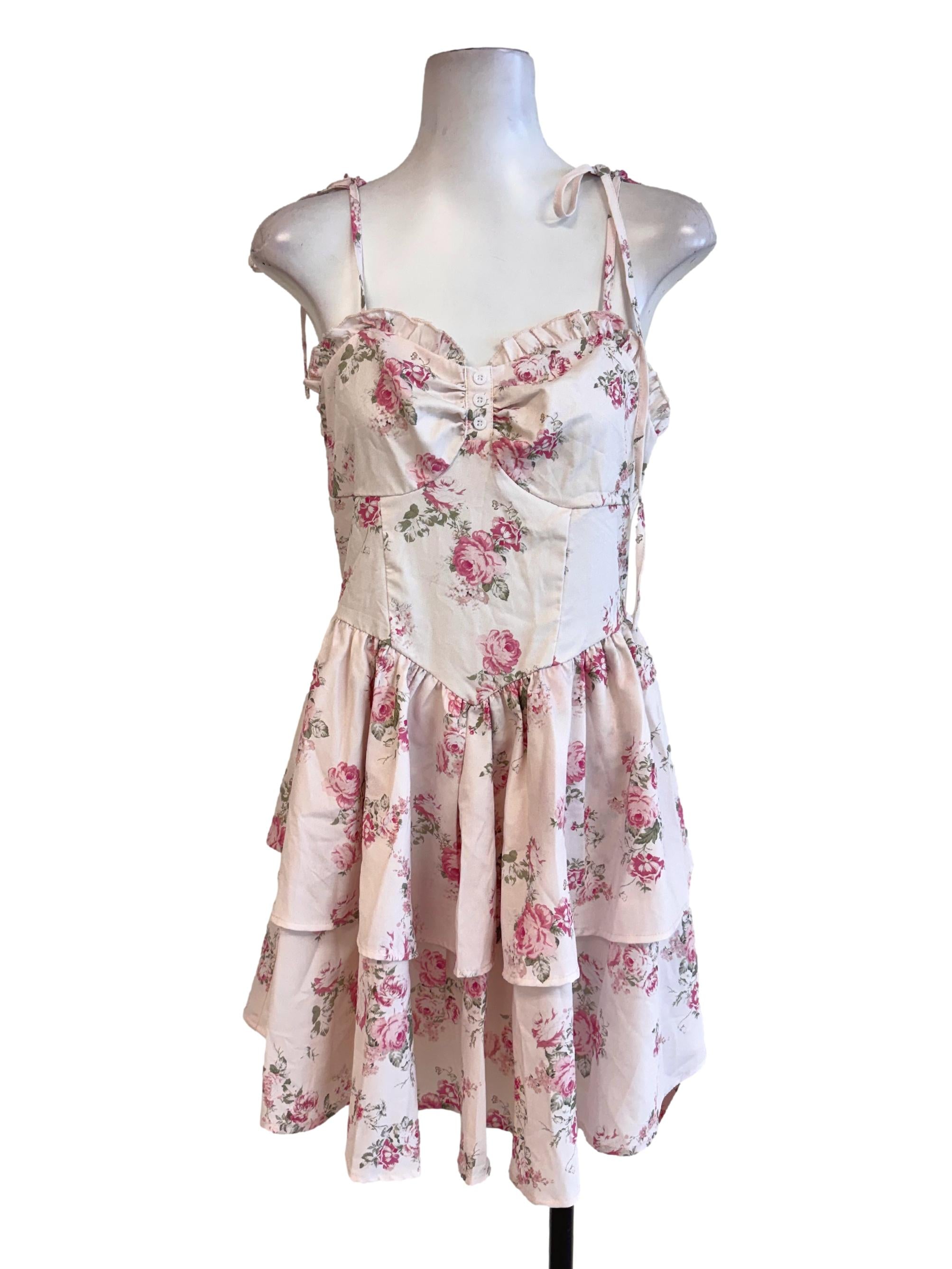 Pastel Pink Floral Elastic Ruched Ruffle Tier Mini Dress