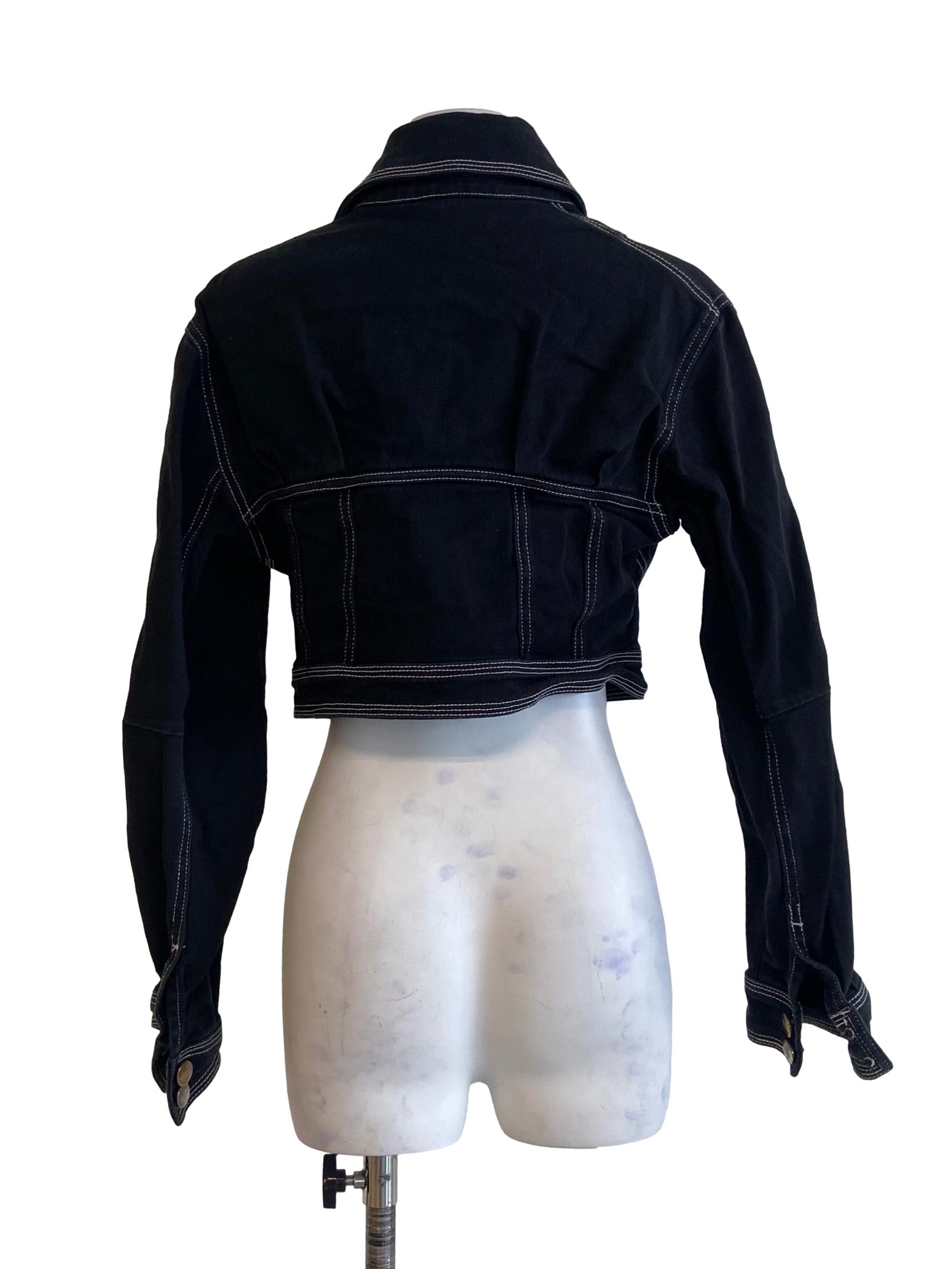 Black Button Down Herringbone Crop Jeans Jacket