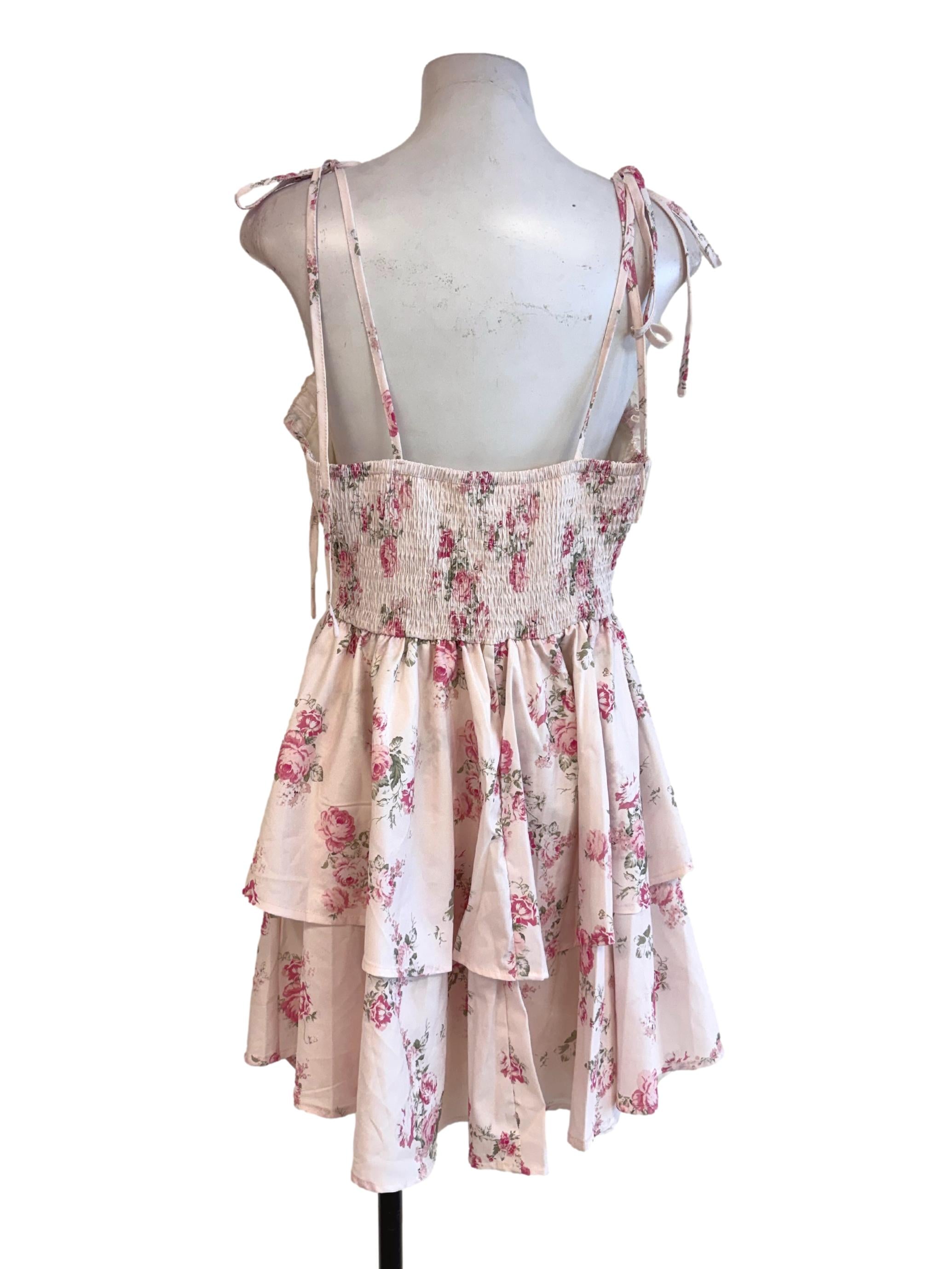 Pastel Pink Floral Elastic Ruched Ruffle Tier Mini Dress