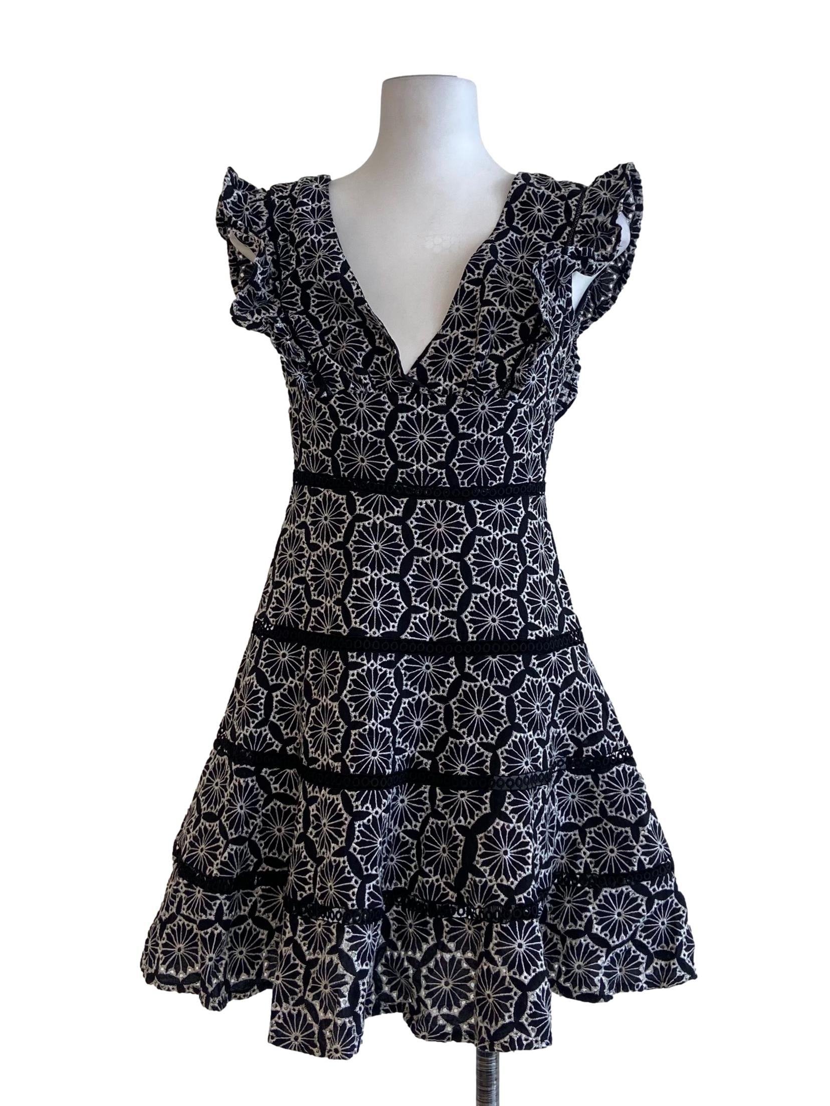 Black V-Neck Floral Embroidery Apron Dress