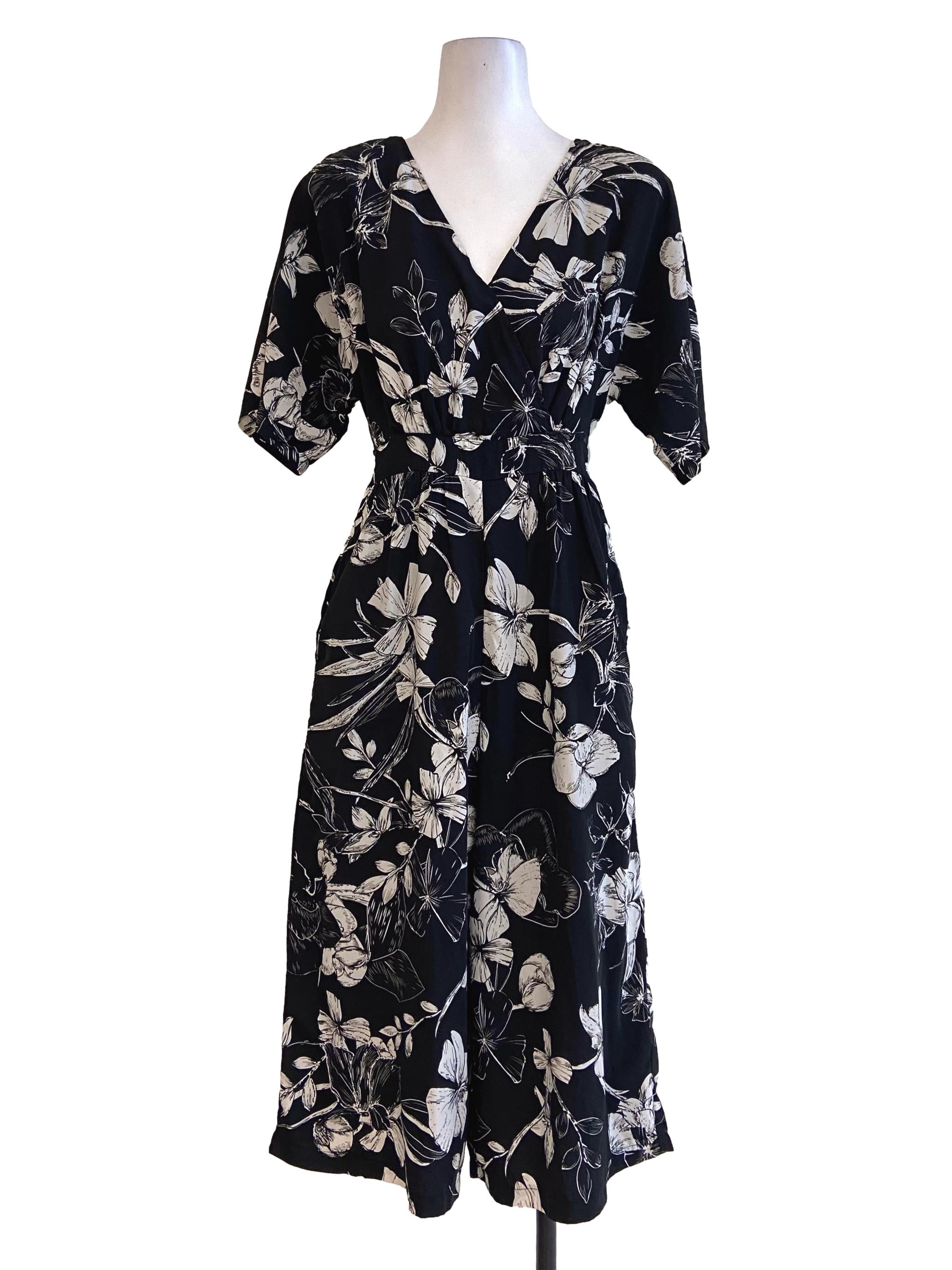 Black Floral V Neck Jumpsuit