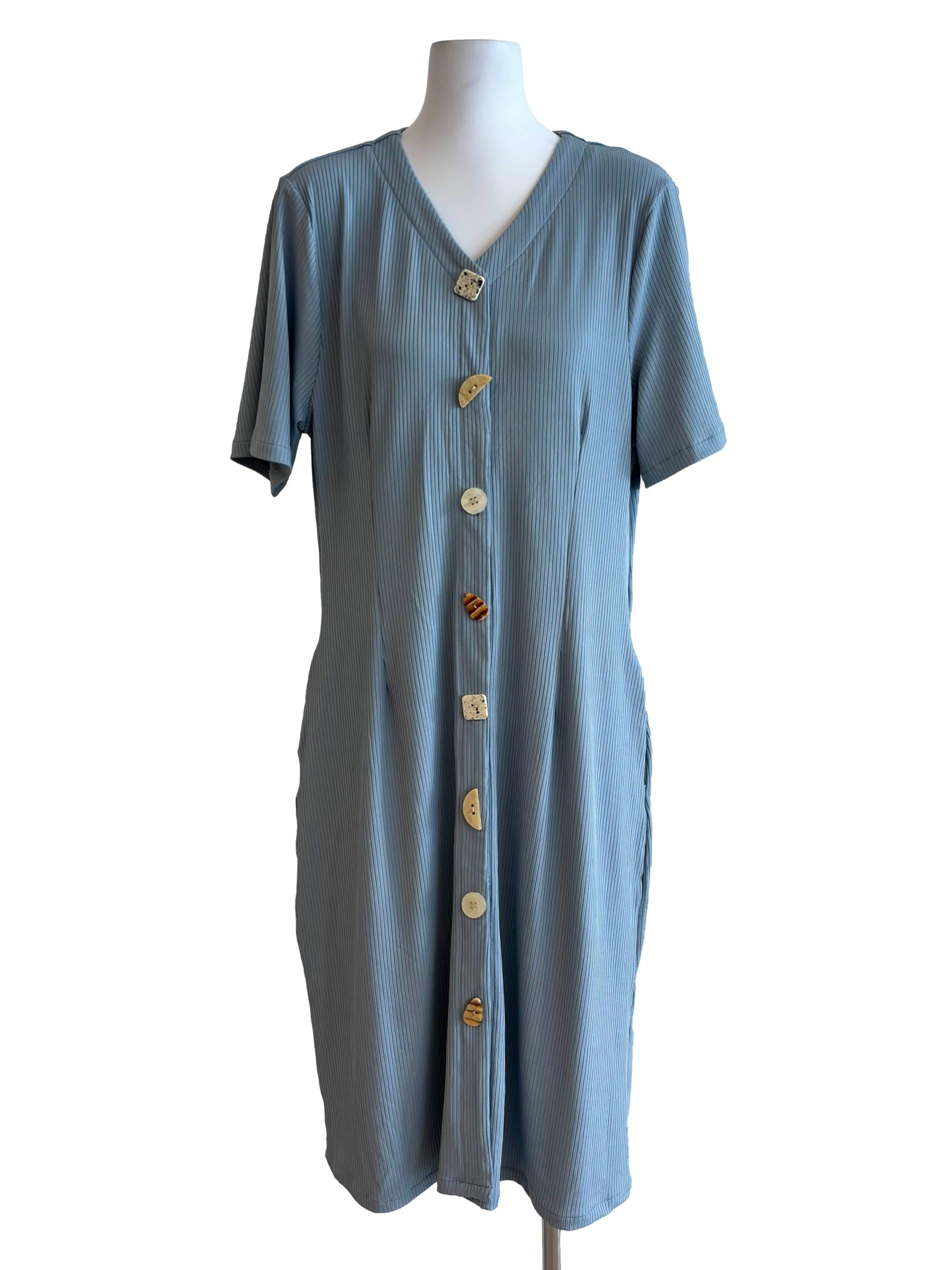 Stone Blue Button Front Detail Dress
