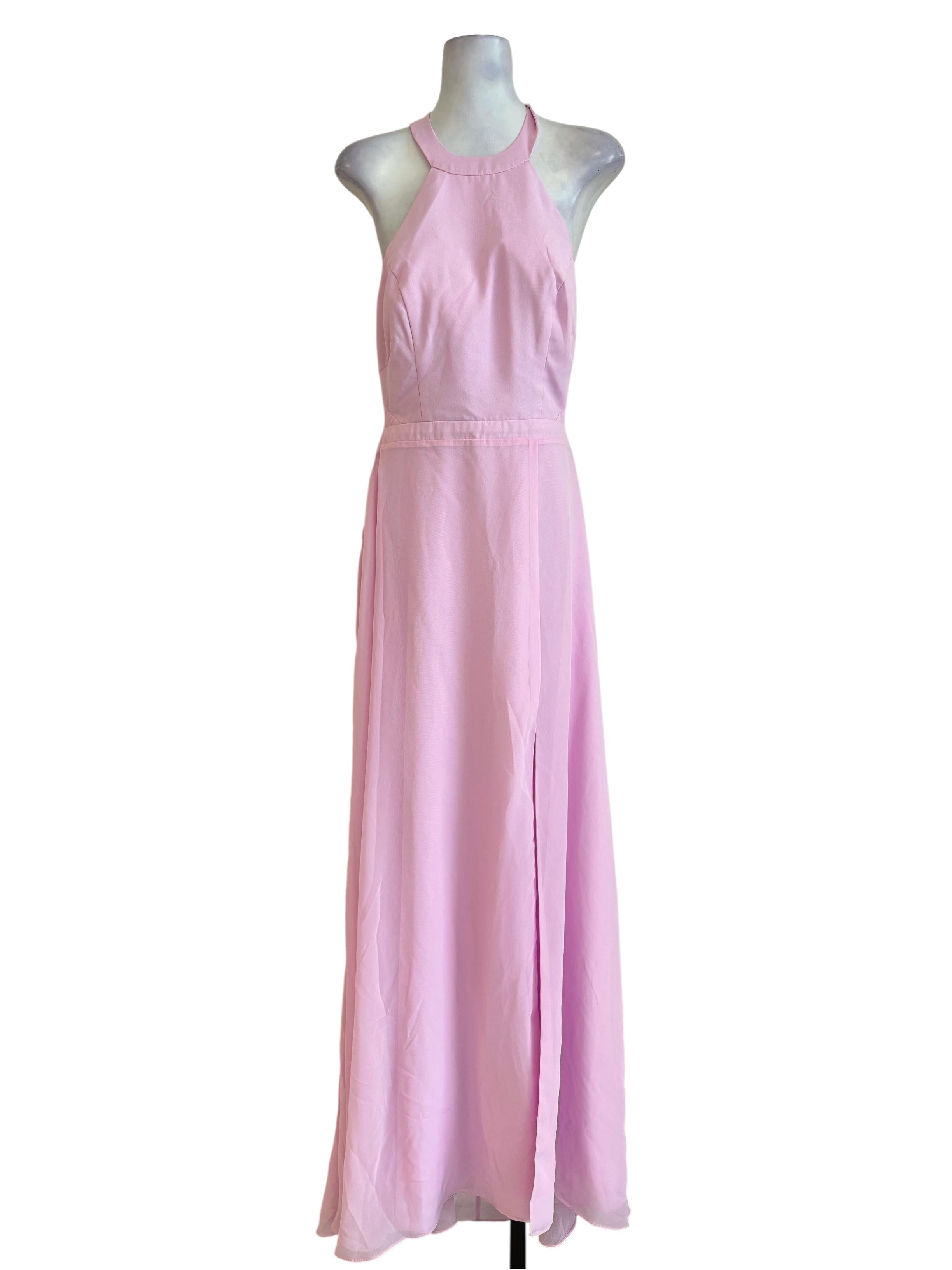 Pink Chiffon Halter Neck Backless Maxi Dress