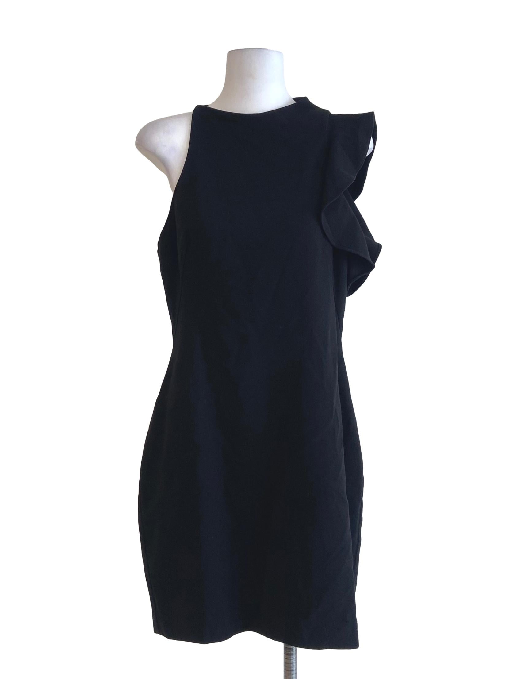 Black Ruffled Twill A-Line Mini Dress